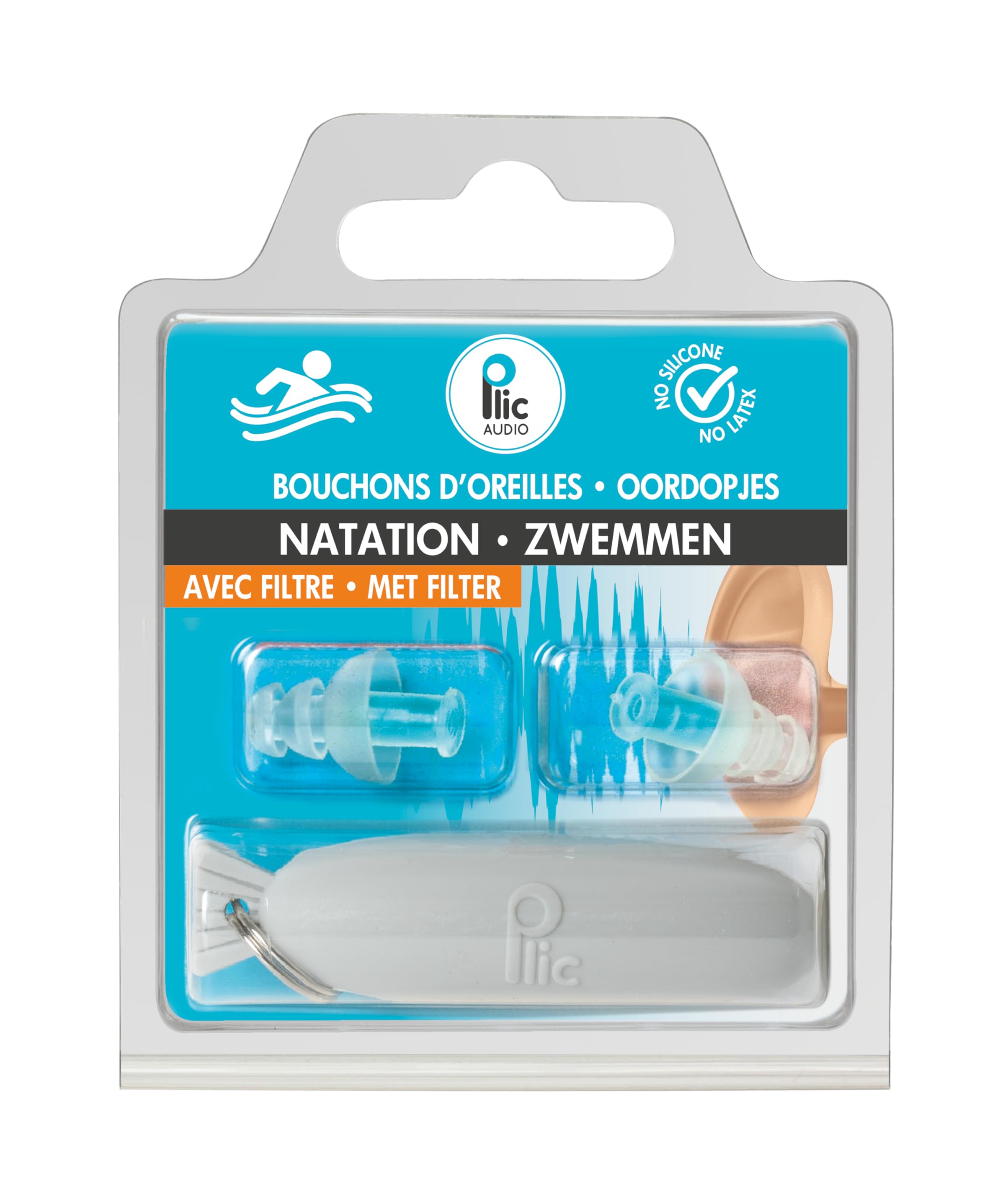 Bouchons d'oreilles natation/​piscine/​mer - Atténuation 18dB - Protection auditive confortable - 2+​1 corolles et double filtre - Hypoallergéniques et réutilisables - PLIC AUDIO
