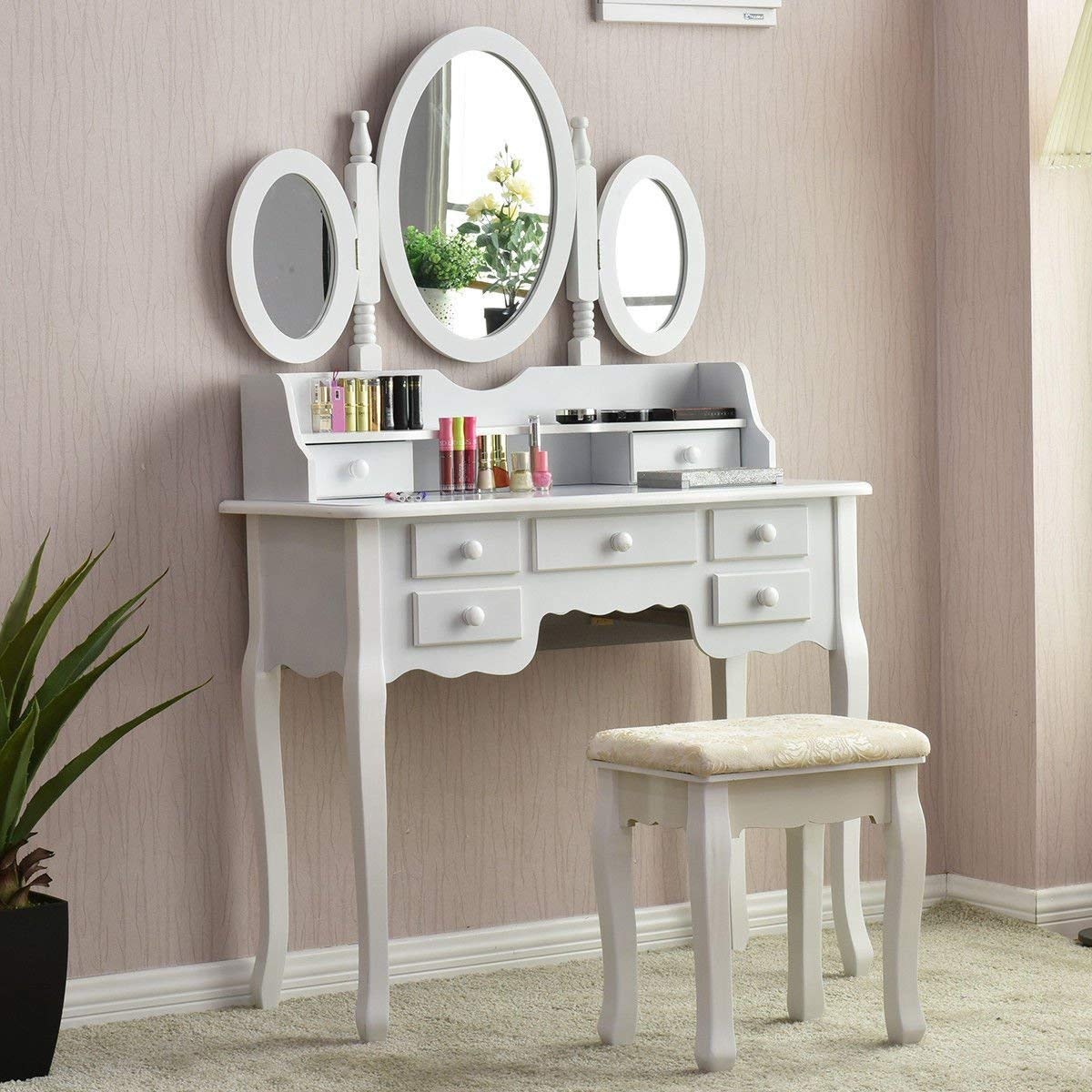 Amazon.com: Giantex Bathroom Vanity Set Tri-folding Mirror Soft Padded ...