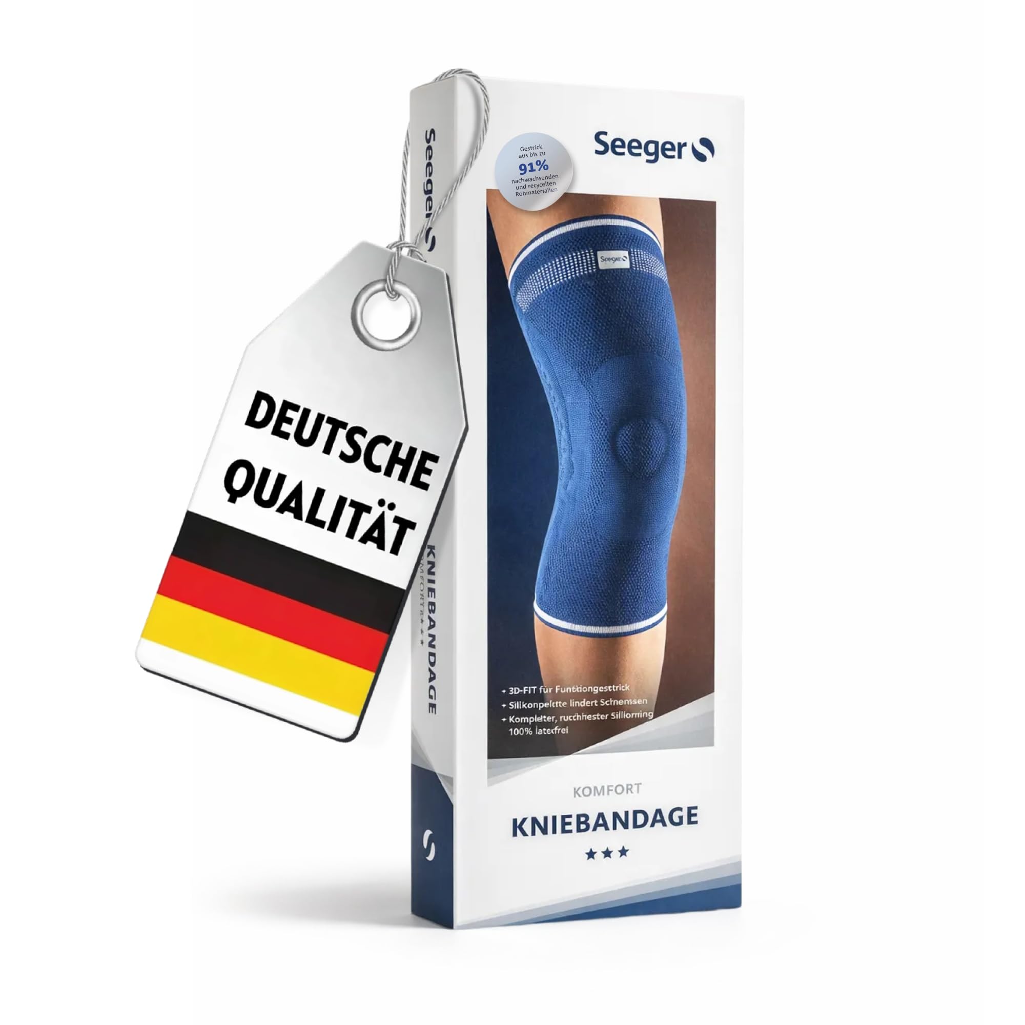 Seeger Kniebandage Komfort – Kompressionsbandage zur Stabilisierung & Schmerzlinderung bei Knieproblemen – mit Silikonpelotte & Spiralstäben – für Männer & Frauen, Sport & Alltag (Blau, 6)