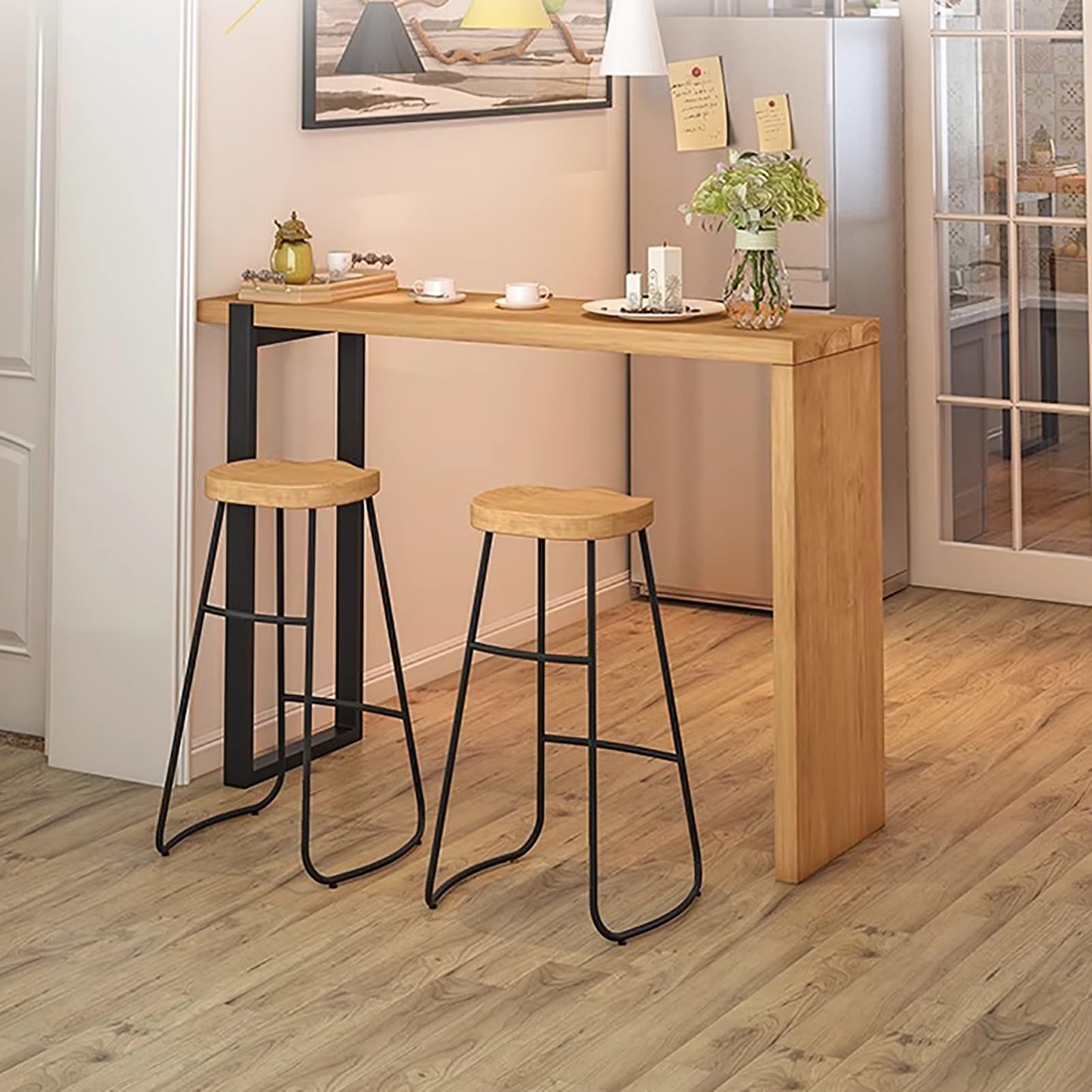 Bartisch- und Stuhlset, Stehtisch aus Massivholz, kreativer Esstisch mit Baumkante, für Küche, Wohnzimmer, Balkon, Keller, einfach zu montieren (140 x 40 x 105 cm / 55 x 16 x 41,5 Zoll)