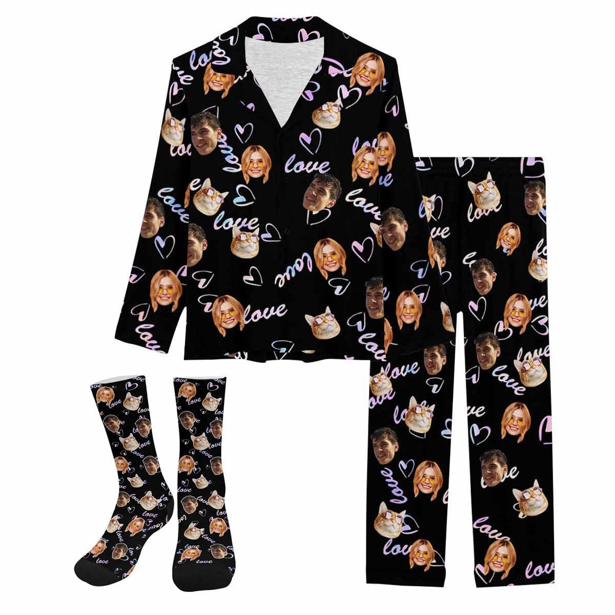 Artsadd Custom Pajamas for Women Personalized Long Pajama Sets with Face Photo V-Neck Pjs Sleepwear Valentines Gifts for Her