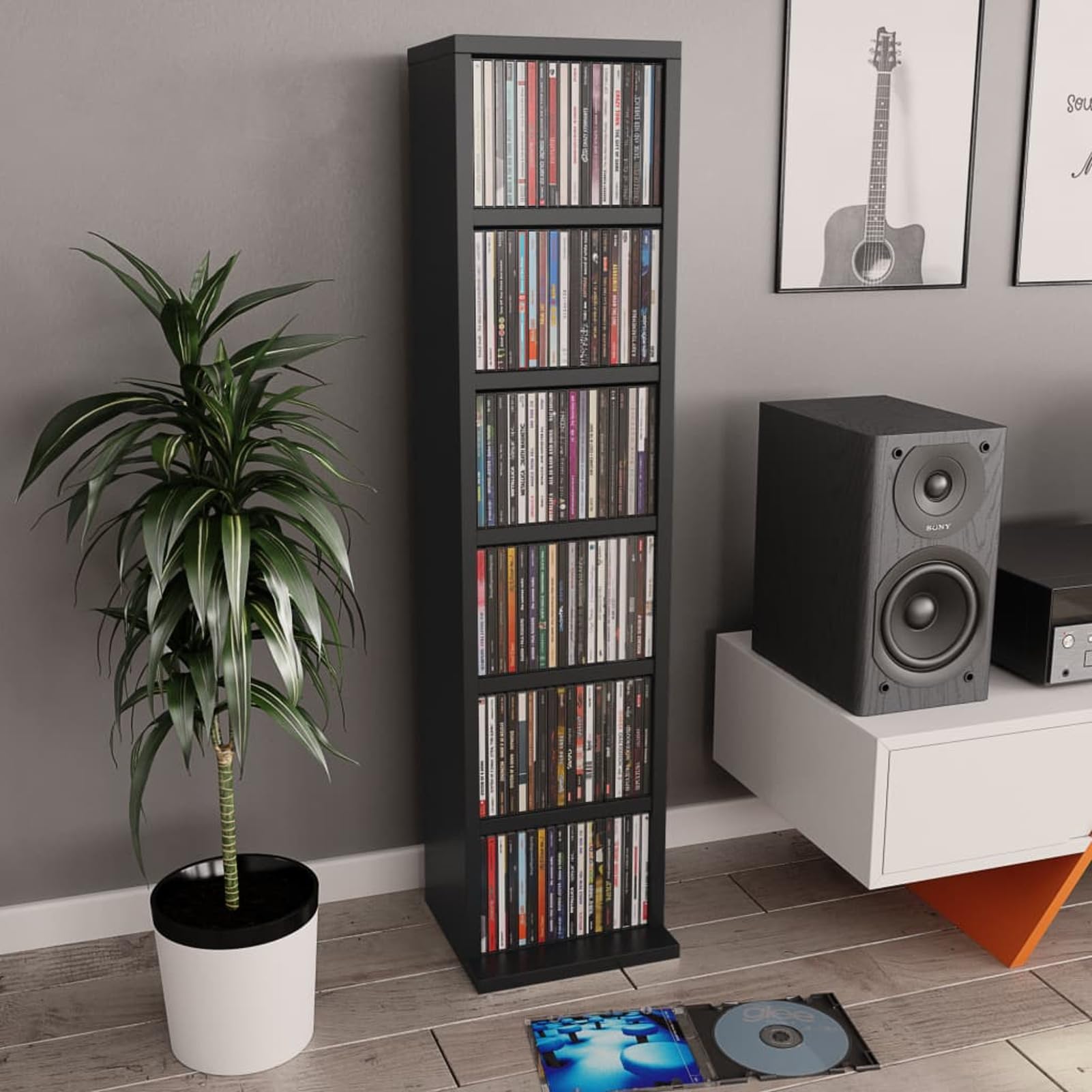 Mobile Porta CD Nero 21x20x88 cm in Legno Multistrato, Scaffalatura per CD