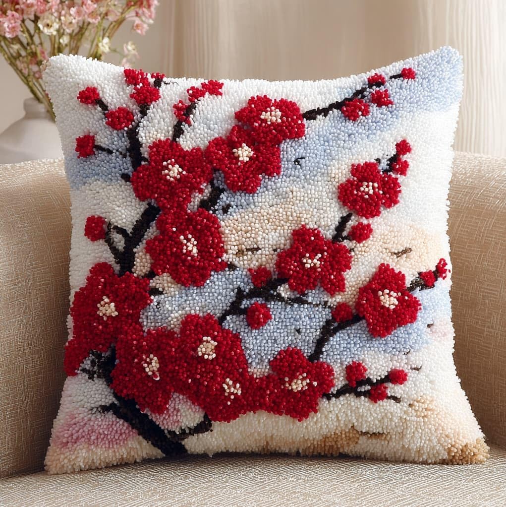 Henypt Latch Hook Kit 17x17 Inch,Plum Blossom Branches DIY Cushion Cover Kit for Adults Beginners with Printed Canvas & Complete Tools,43x43cm