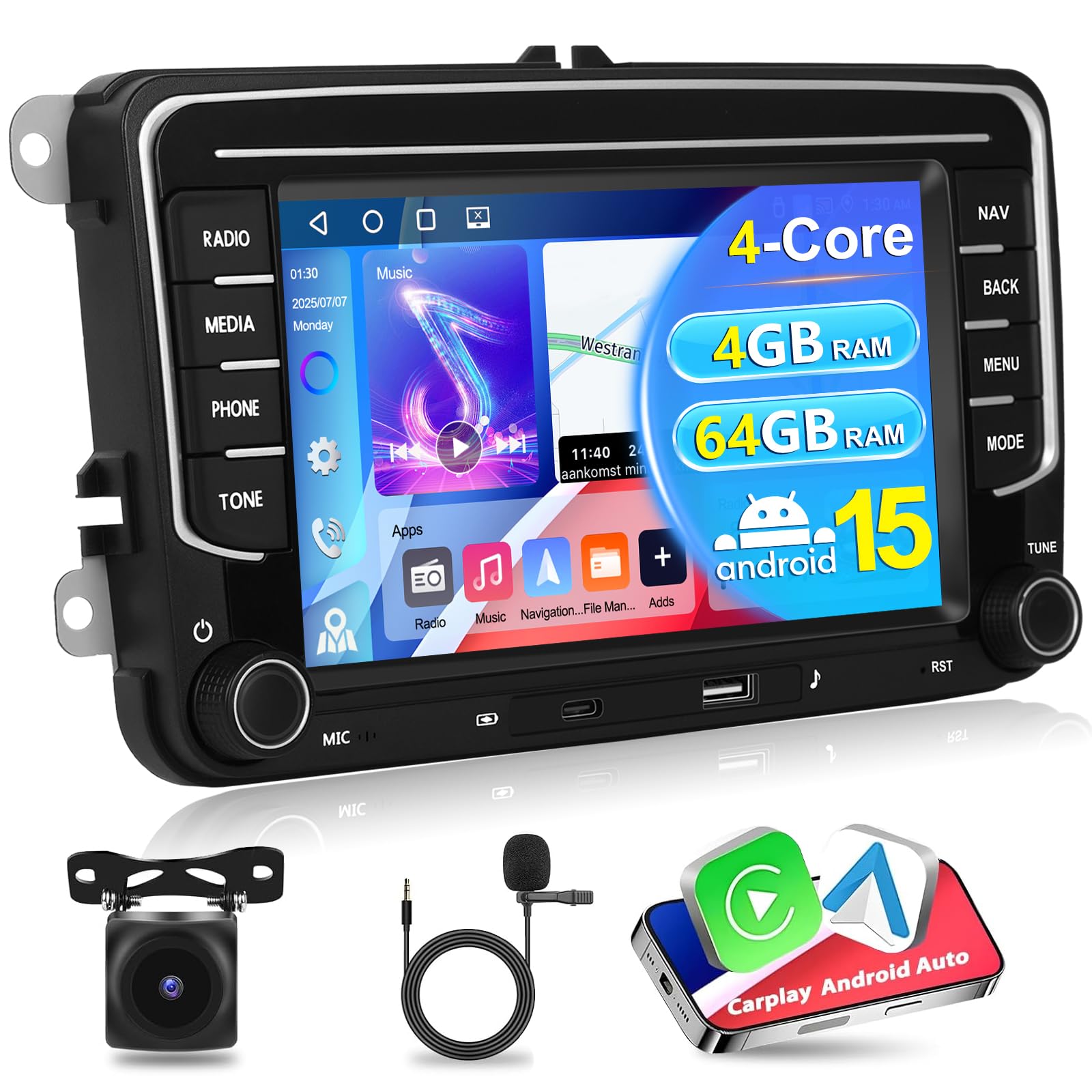 Autoradio Apple CarPlay 4G+64G per VW/Seat/Skoda/Passat/Golf/Polo, CarPlay Wireless e Android Auto, Touch Screen HD da 7", 2 DIN, Bluetooth, GPS/SWC/FM/RDS/USB, Telecamera per la retromarcia AHD, Mic