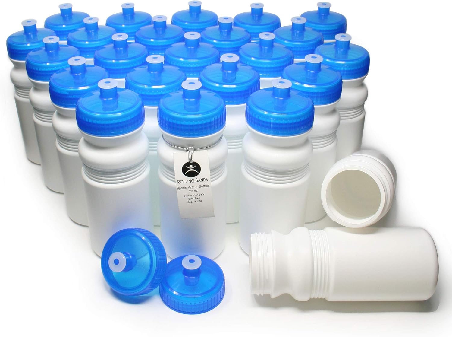 Rolling Sands USA Made 20 Ounce Sports Water Bottles - 24-Pack Bulk BPA-Free Blank Sports Bottles for Teams & Classrooms - White Bottle/Blue Lid, No Smell No Taste
