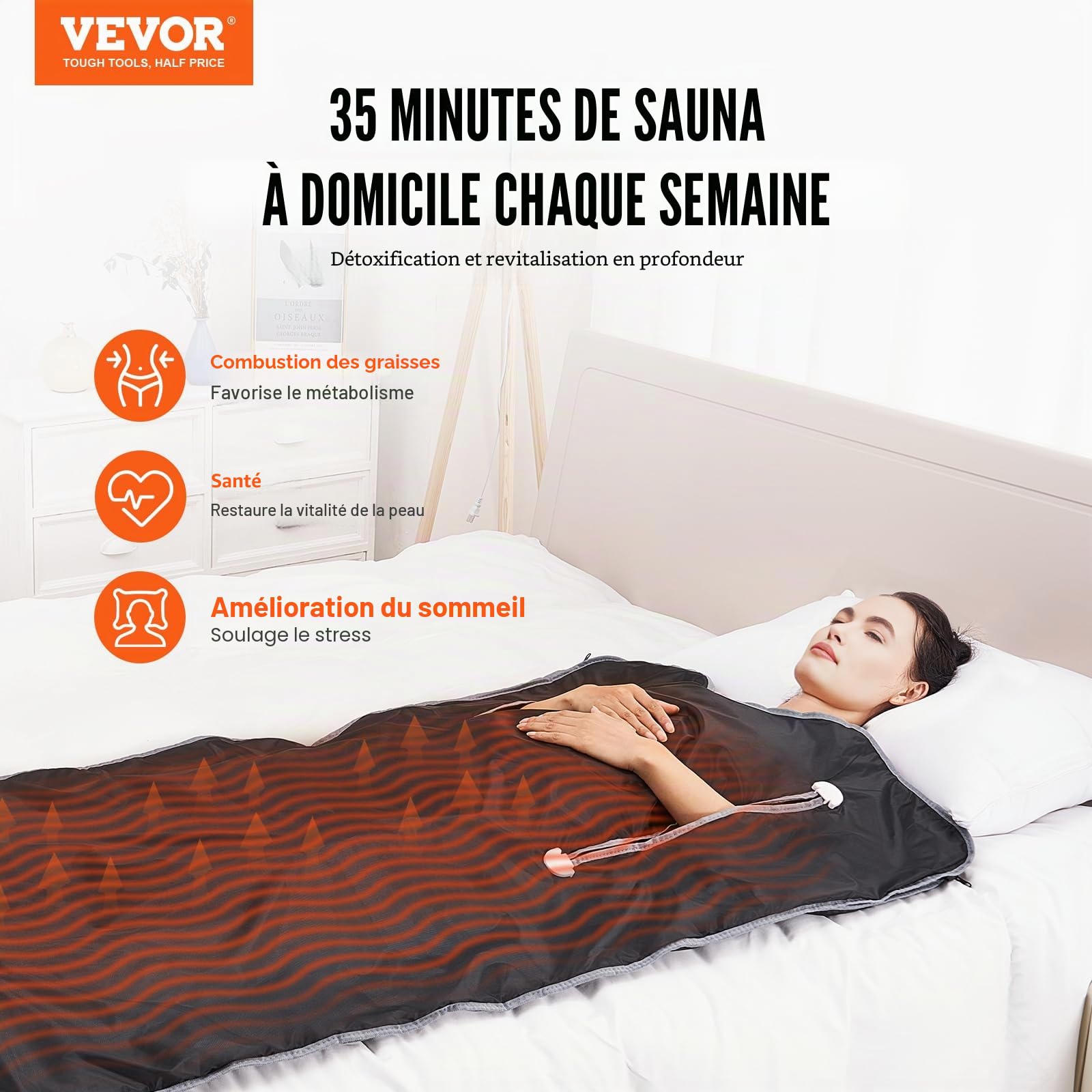 VEVOR Couverture Sauna Infrarouge Lointain Tissu Oxford 180x80 cm Température Réglable 1-6 Niveaux 45°C-80°C Minuterie 1-60 Min avec Trous de Bras