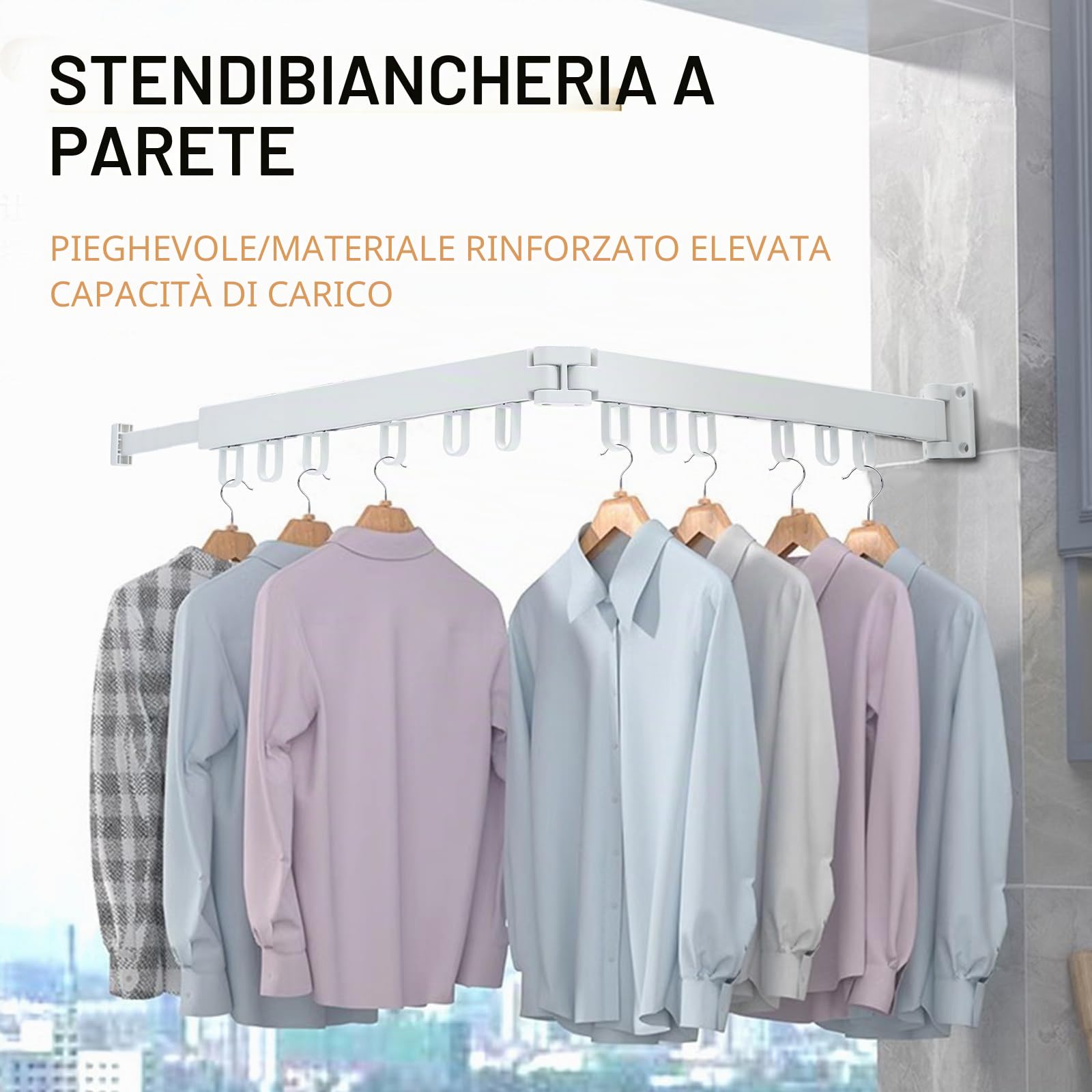 90cm Stendibiancheria Da Parete, Stendino Alluminio, Allungabile, Bianco, 12 Ganci