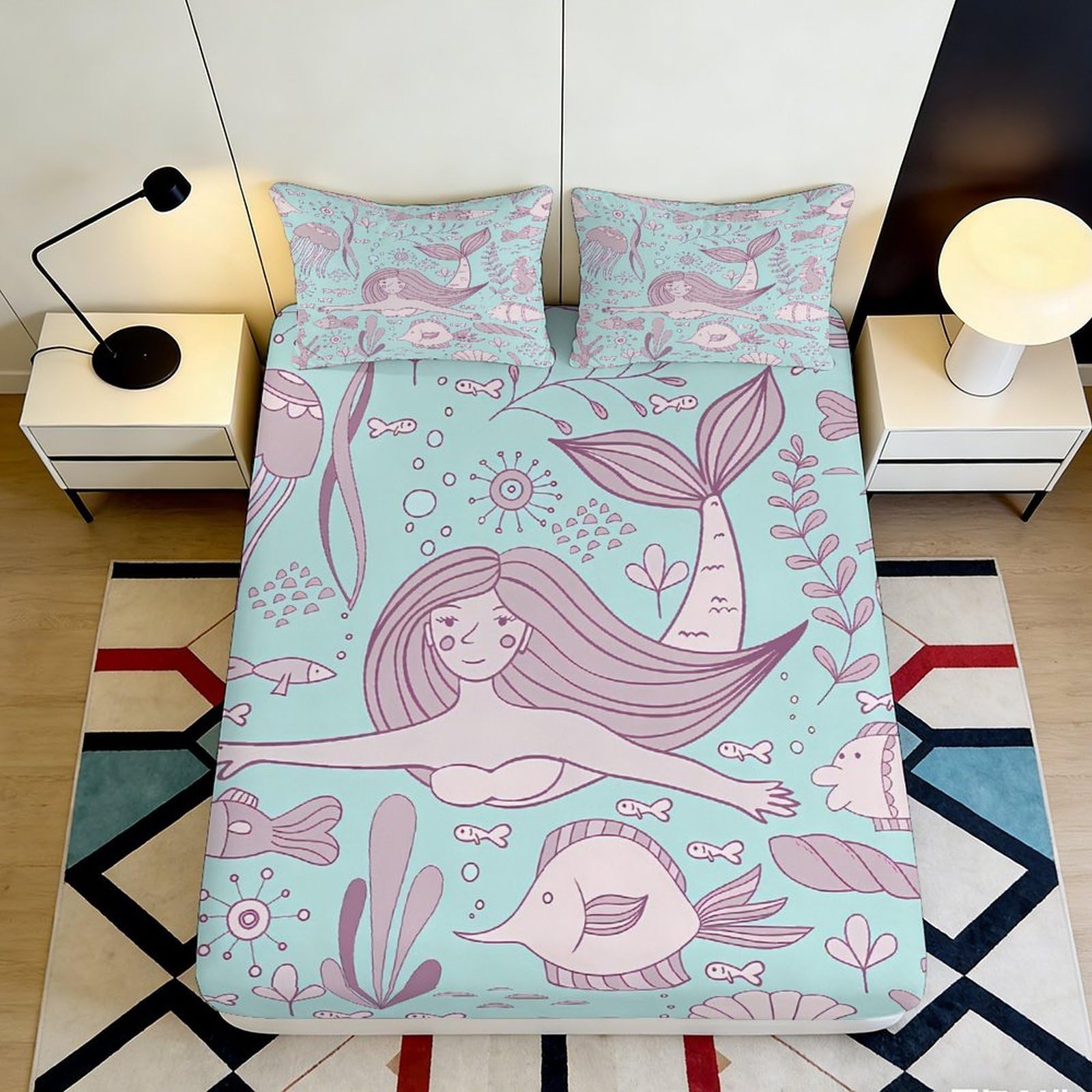 3D Printed Mermaid Pattern Fitted Sheet Microfiber Soft Breathable Underwater Design Bed Cover for Bedroom Dormitory Guest Room Mattress Protection 200x200x25cm