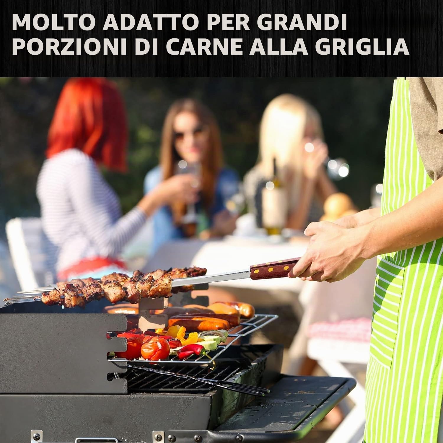 8 Pezzi Spiedini Piatti in Acciaio Inox, Spiedini Riutilizzabili da 60 cm, Spiedini Extra-lunghi con Manici in Legno, Posate per Barbecue, Spiedini per Verdure Accessori per Barbecue
