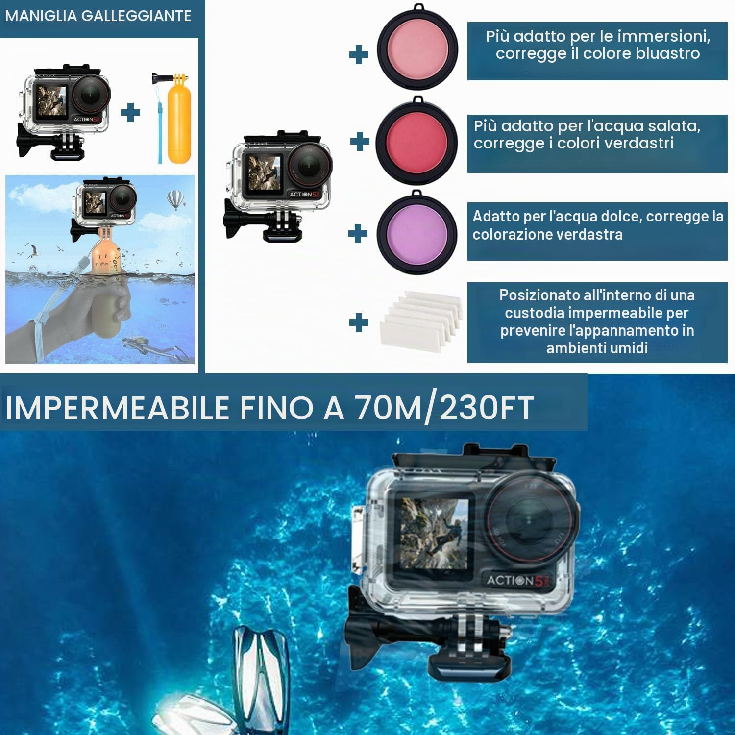 Accessori per DJI Osmo Action 5 Pro/4/3, custodia impermeabile THAKOI, accessori per lo snorkeling, accessori per gli sport all'aria aperta, kit completo per DJI Osmo Action 5 Pro/4/3