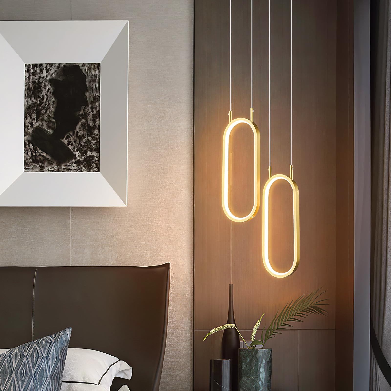 Moderne Dimmable Küche Pendelleuchten Or LED Pendulum Lampe 2 Anneaux Oval Pendulum Eclairage pour Küche Île Schlafzimmer Wohnzimmer Esszimmer