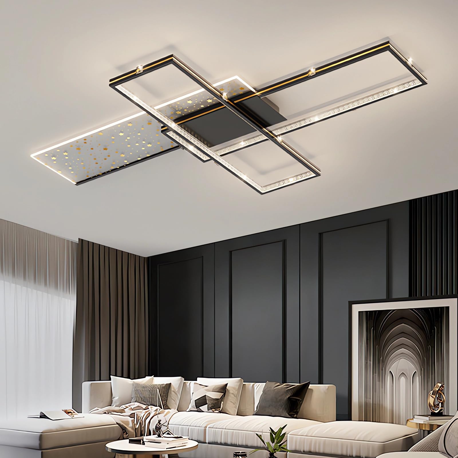 QYSMGS LED Ceiling Light Flush Mount Rectangular Ceiling Lamp with Remote Control Modern Oval Ceilings for Bedroom Living Room Dining Room Office Dimmable Ceilings Lighting (Black, Rectangular 90CM)