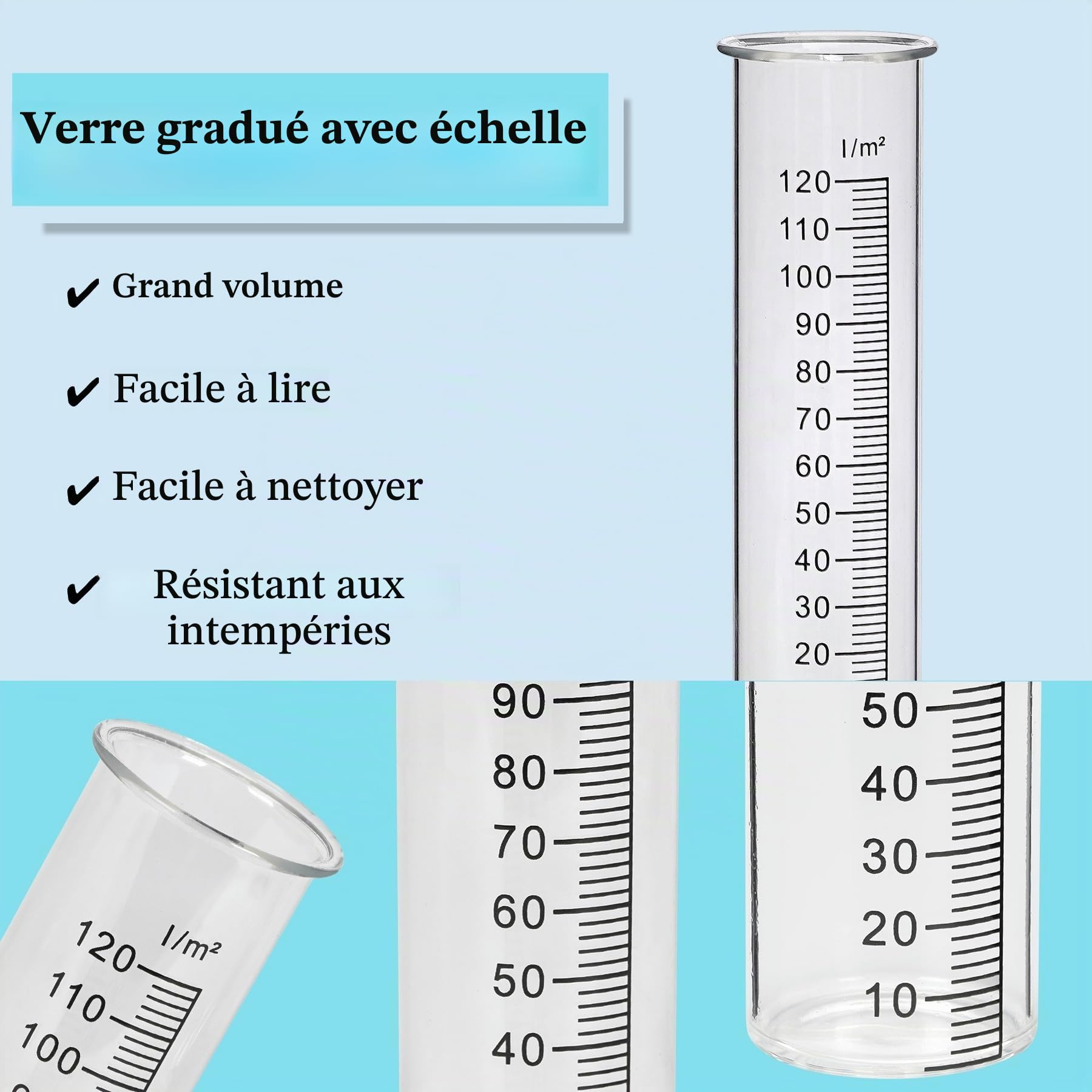Pluviomètre de jardin résistant au gel avec baguette, précipitateur décoratif H 110 cm, pluviomètre en verre sur piquet de jardin, décoration florale résistante aux intempéries, pour balcon