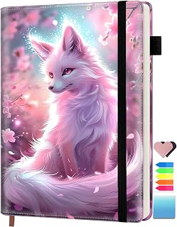 Lined Journal Notebook for Women Men, 200 Pages Hardcover Leather Journals for Writing, A5 Journaling Notebooks for Business Work School Note Taking, College Ruled Journal, Pink White Fox