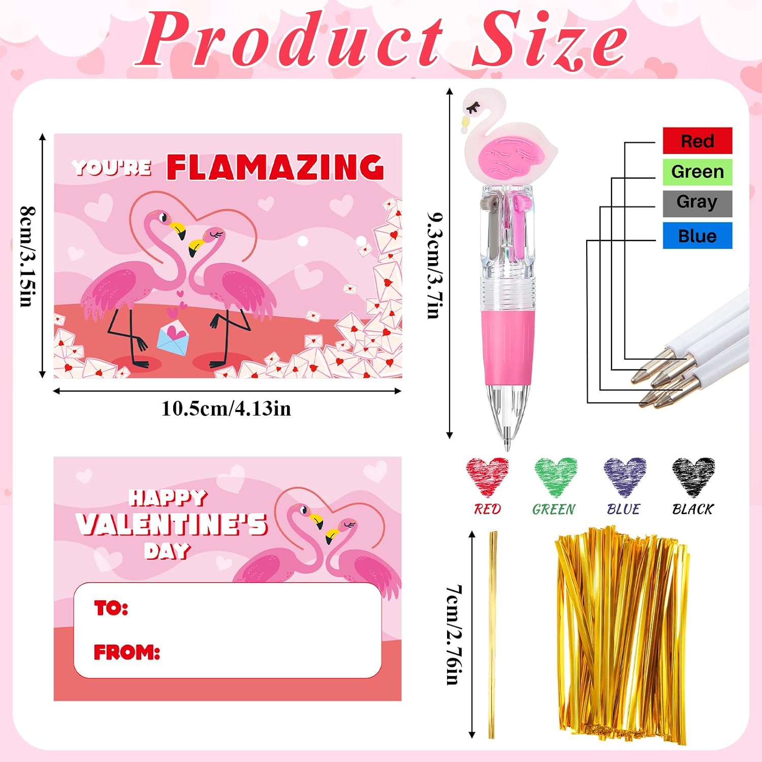 Kosiz 24 Sets Valentine 4 in 1 Ballpoint Pens, 0.5mm Multicolor Pink image 2