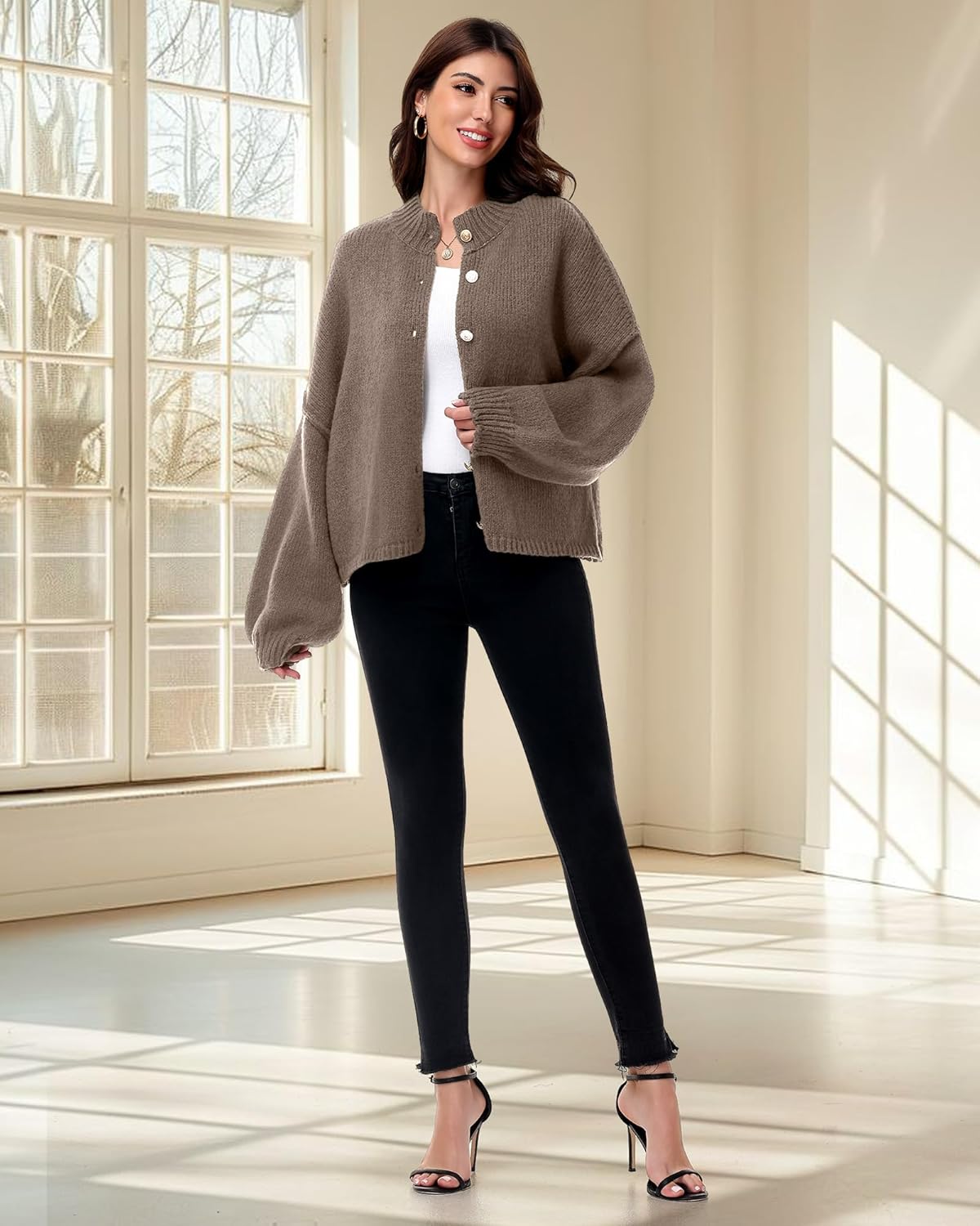 Women Chunky Knit Cardigan 2025 Fashion Casual Button Down Sweater Mock Neck Lantern Sleeve Fall Winter Outerwear - Image 6