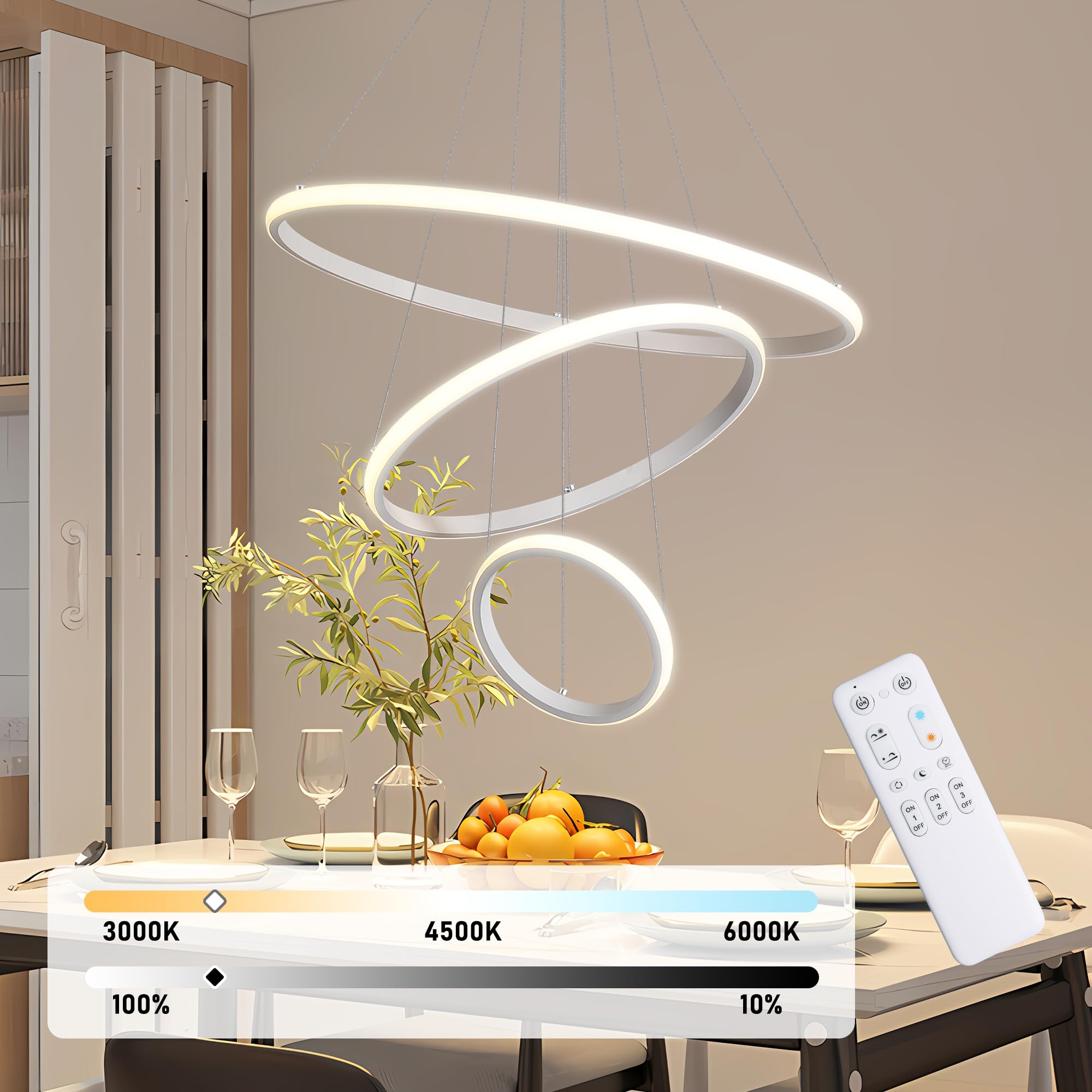 KAUCQI 180CM Lampara Techo Colgante, LED Lamparas Comedor, Regulable Lampara Colgante Cocina 3000k-6000k, 3 Anillos Φ 60+40+20cm, Modernos Candeeiro Teto Suspenso Lámpara Colgantes Salon, Isla
