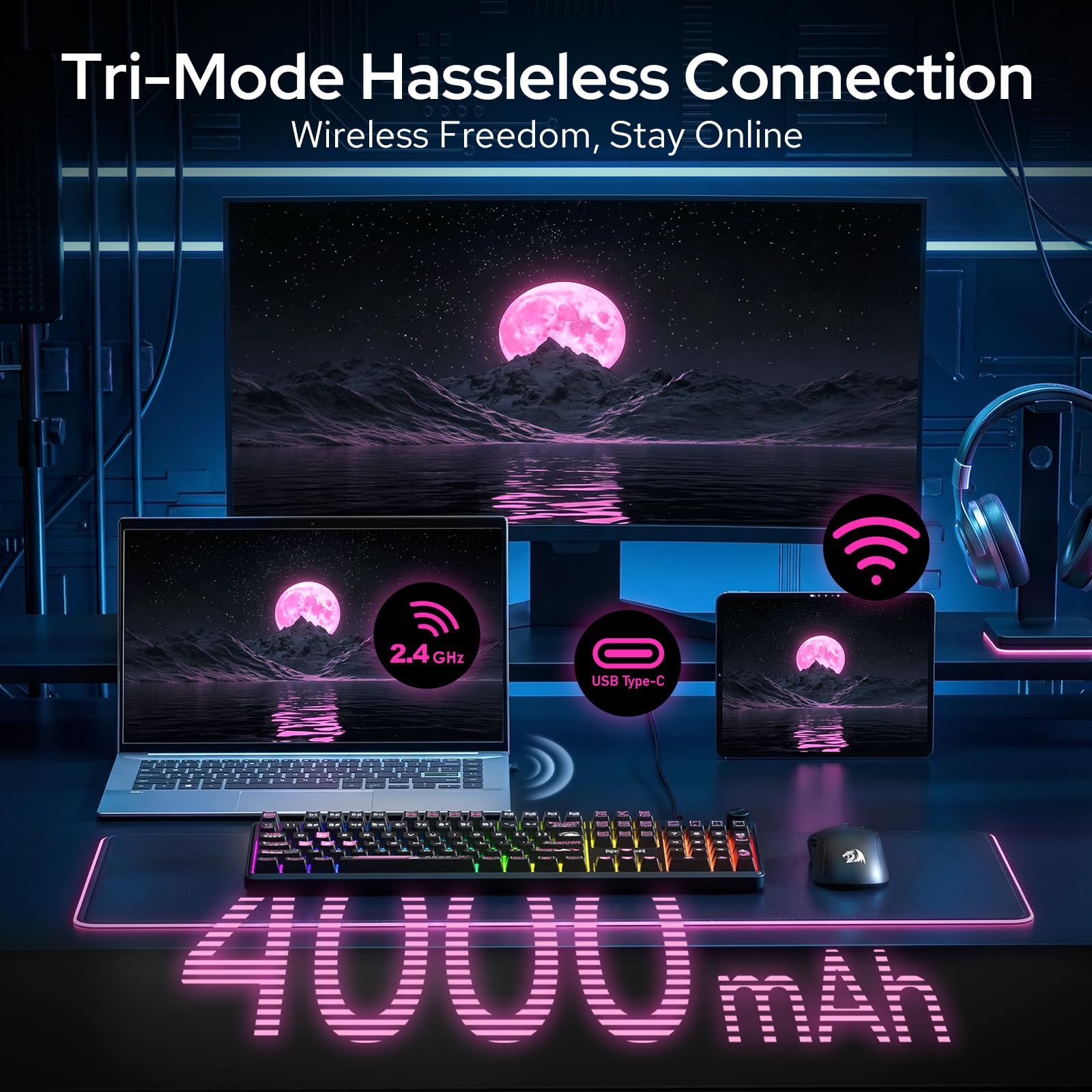 Redragon Teclado inalámbrico K526 PRO RGB para juegos, teclado de 104 teclas de tacto mecánico con pantalla de información LED, control de perilla retroiluminada, interruptor lineal suave y compatible