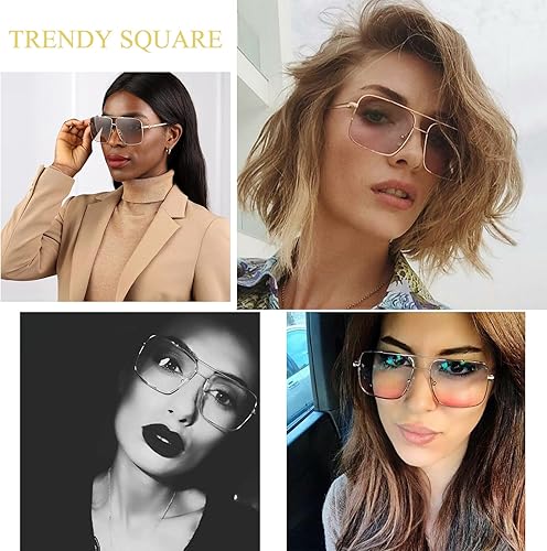Miniatura 3 de Gafas de sol cuadradas de gran tamaño para mujeres y hombres, doble puente de metal, lente de espejo plano