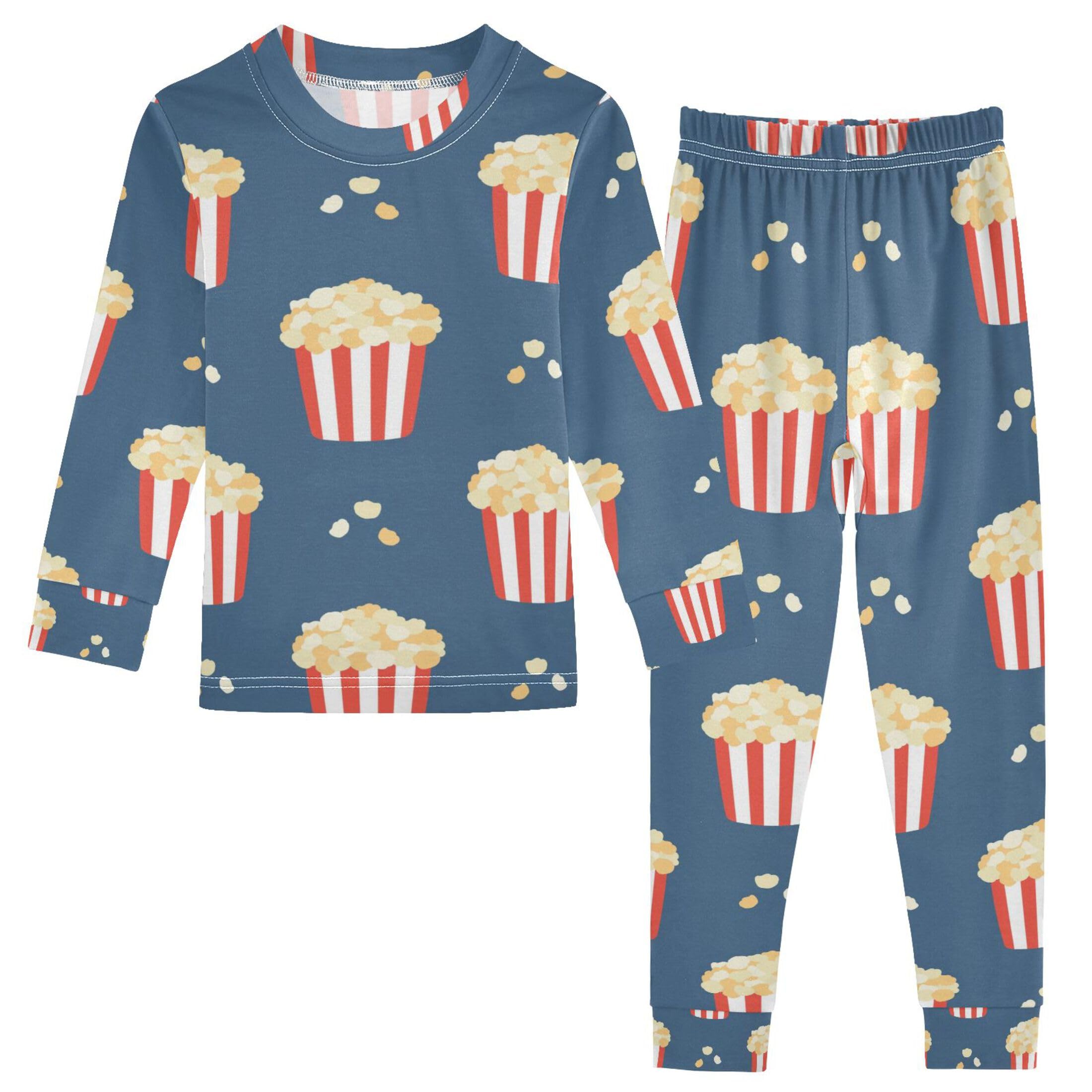 Vozoza Cartoon Food Popcorn Blue Pajama Sets Long Sleeve Top with Pants Cotton Soft Sleepwear 2 Piece Pjs Set Size 5T