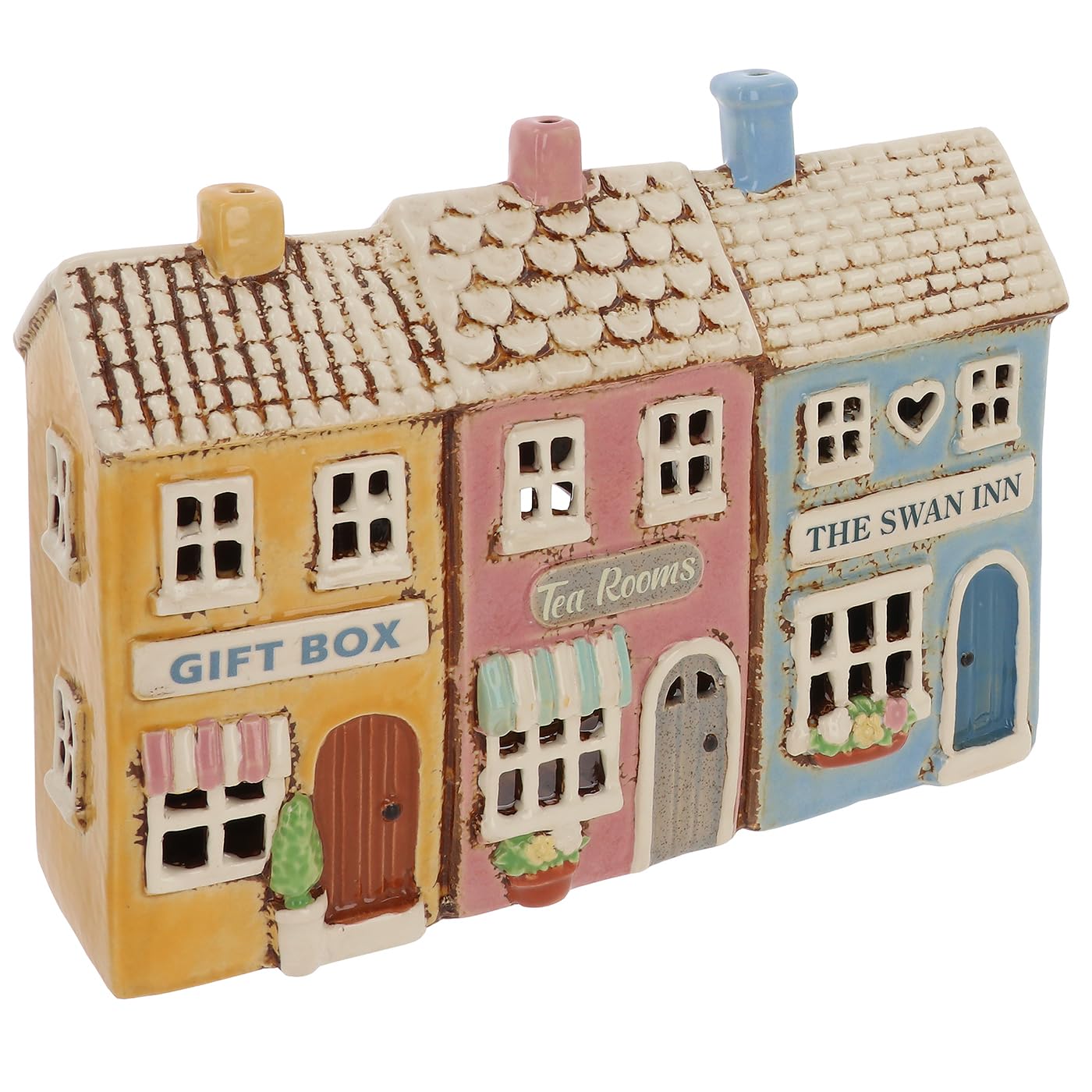 Shudehill Giftware Village Pottery Ceramic Tealight Holder, Hand Finished, Assorted Designs, The Village Collection (Row Of Shops)