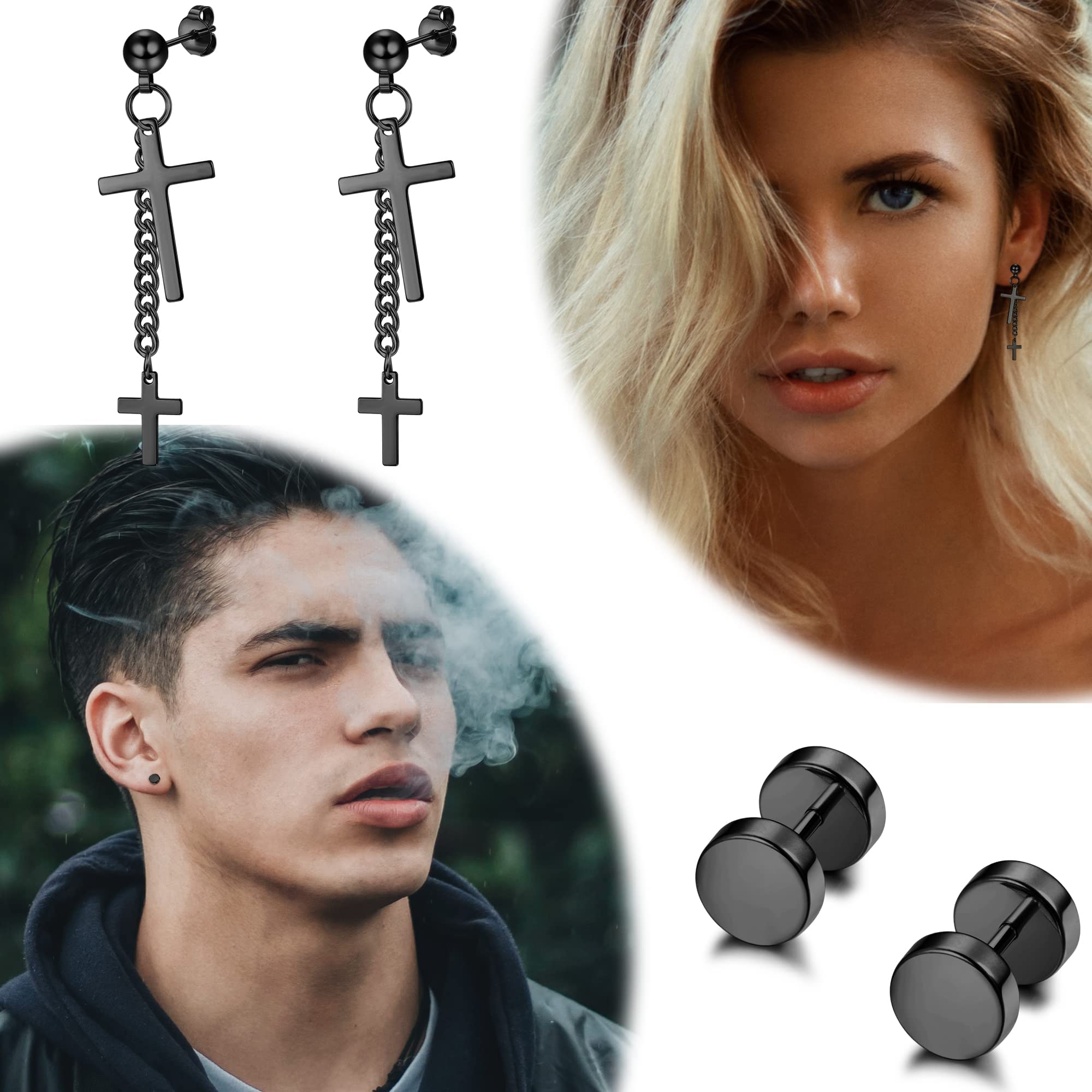 Dochais 12-22 Stück Damen Punk Ohrringe Set, Vintage Gothic Ohrstecker, Punk Kette Schwarz Knorpel Helix Ohrstecker, Spikes Rock Ohrringe für Club Halloween Party Männer Frauen