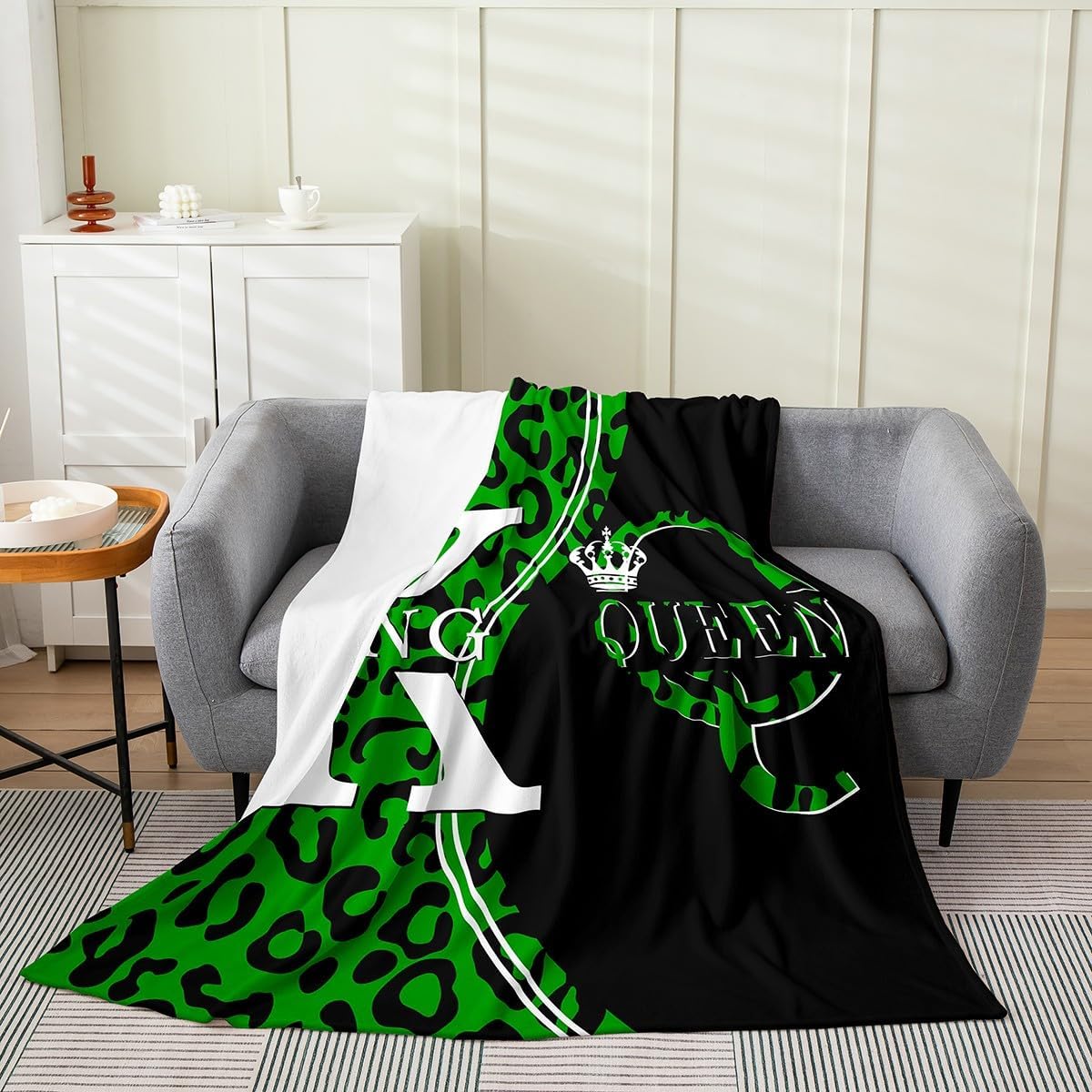 King and Queen Flannel Fleece Blanket,Green Leopard Cheetah Fur Patchwork Soft Blanket for Bed Sofa Couch,Romantic Crown Lovers Couples Bed Blankets for Bedroom Decor,Twin 60"x80"