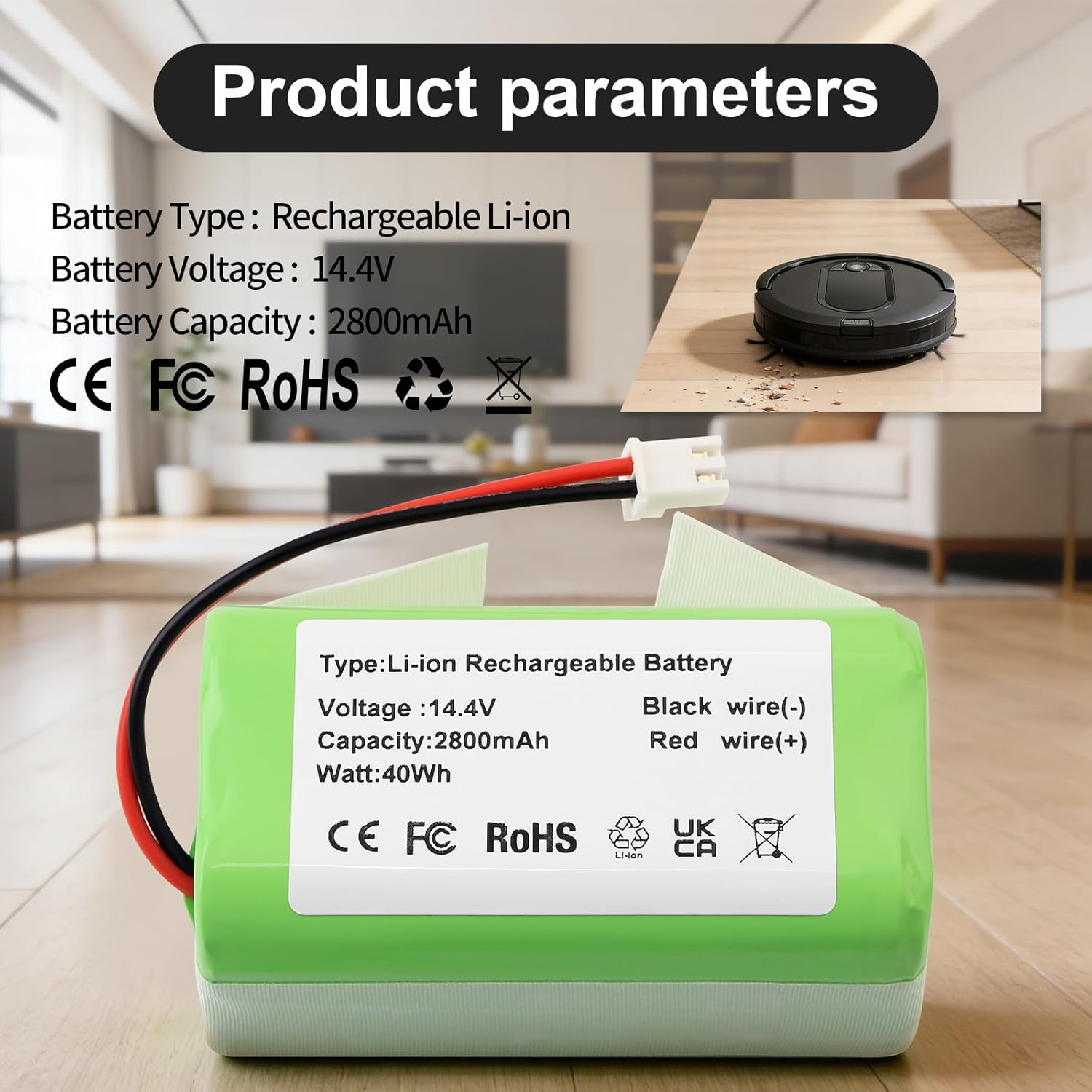 14.4V RVBAT850 Vacuum Battery for Shark Ion R1000C, RV1100S1US, RV850 AV1010AE, AV2501AE, AV911, AV970, RV763, RV764, RV765, RV771, RV2320S, RV2310AE, AV2310AE, RV2300 Robot Vacuum Cleaners 2800mAh