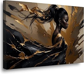 African American Woman Canvas Wall Painting Black Woman Beautiful Abstract Painting Poster Creative Fashion Living Room Gold and Black Canvas Wall Art 12x16in Wood Framed