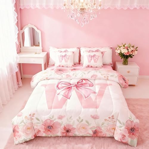 Erosebridal Pink Bow Tie Bowknot Bed in A Bag, Initial Letter W Bedding Sets, Ro