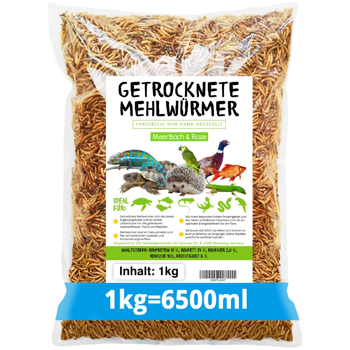 MEERBACH & ROSE getrocknete Mehlwürmer, Soldatenfliegenlarven, Gammarus | Ganzjähriger Insektensnack für Vögel, Fische, Schildkröten + Reptilien. MEERBACH & ROSE – Qualität aus Deutschland
