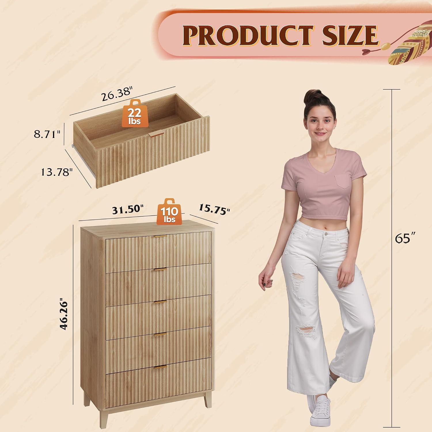 Product dimensions diagram for the WLIVE 5-drawer dresser