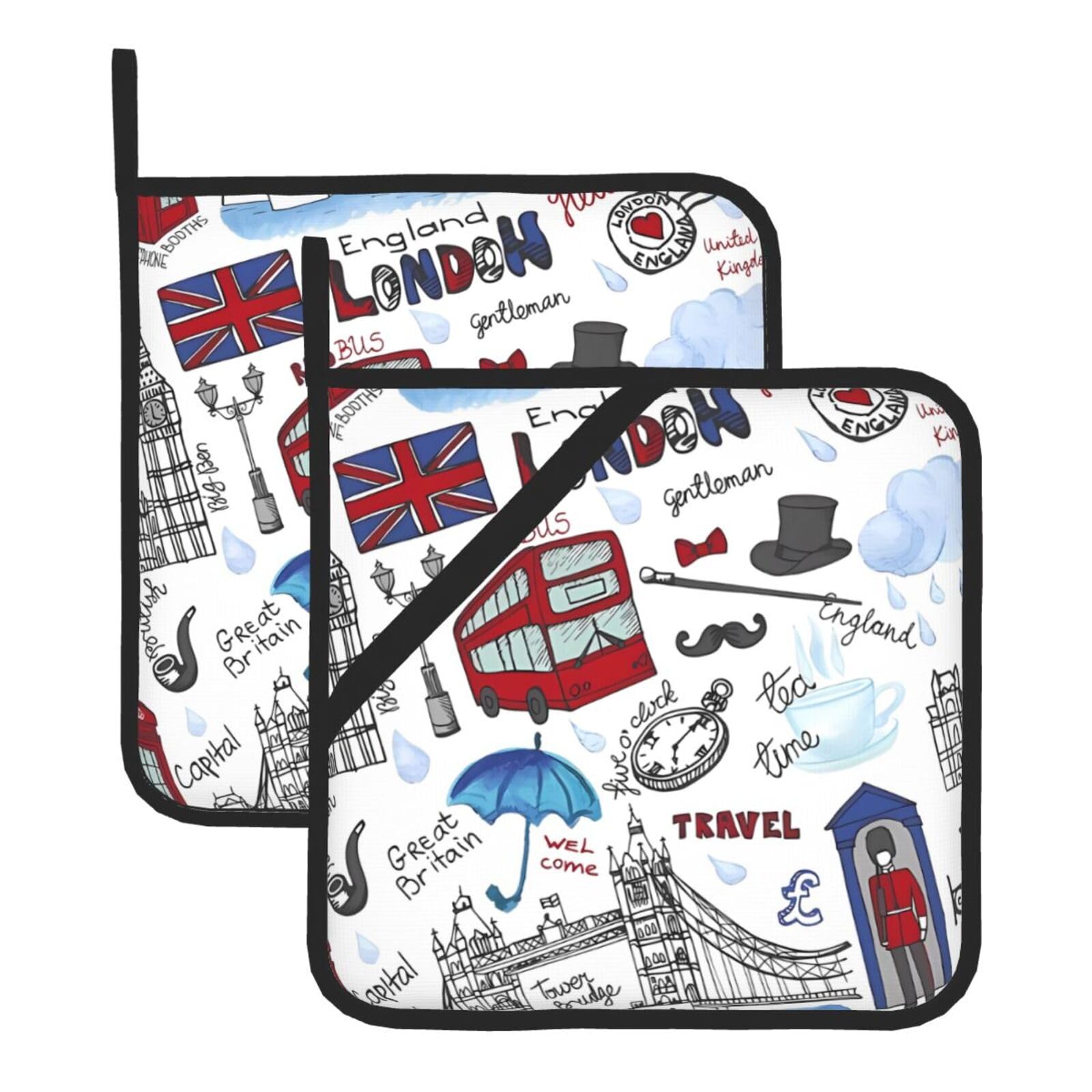 YYHWHJDE London Prints Square Hot Pads for Kitchen Counter - Waterproof Pot Holders, Durable Oven Mitt Layers with Hanging Loop, Heat Resistant Trivets (2-Pack)