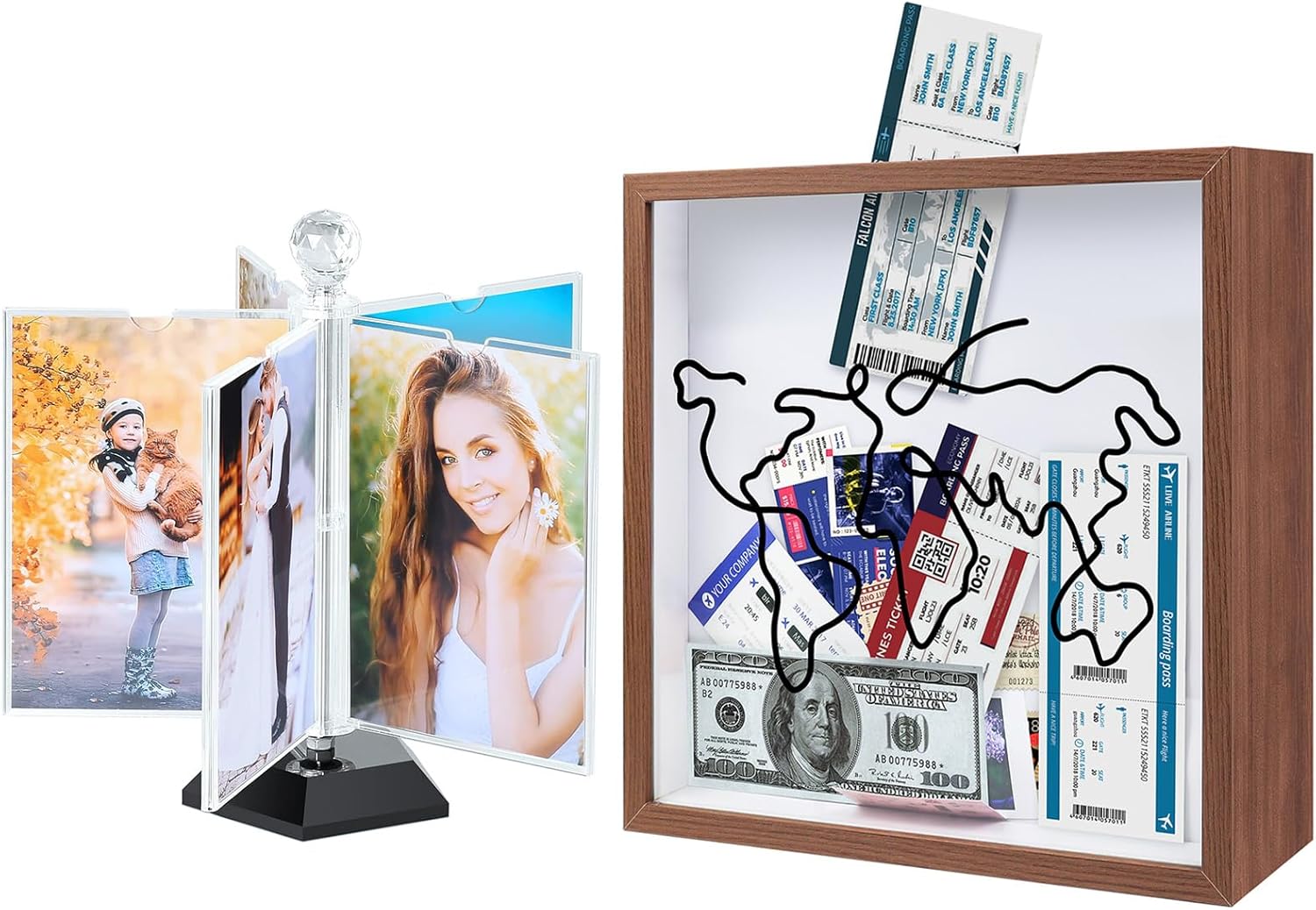ZEEYUAN 4x6 Rotating Acrylic Photo Frame and Adventure Archive Box 12x12inch Travel Shadow Box