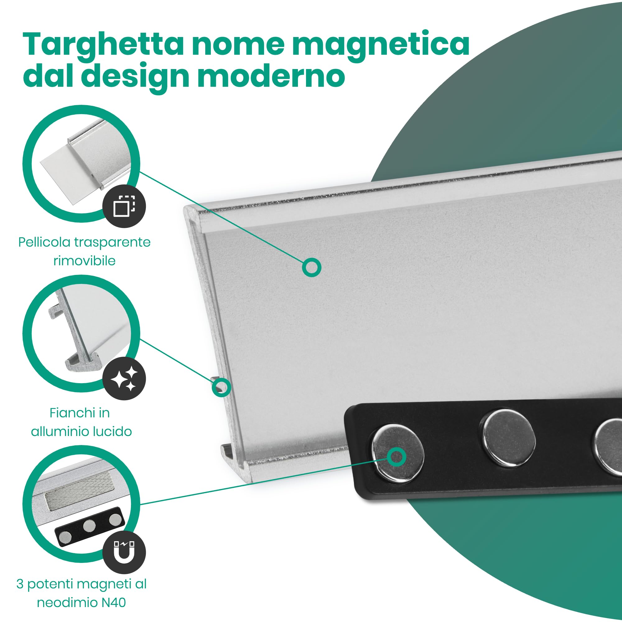 Targhetta magnetica set 20 magneti N40 72x31 mm porta badge alluminio