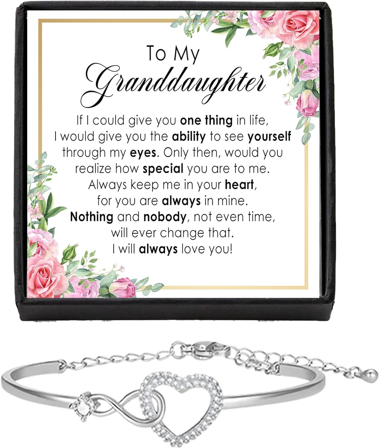 To My Granddaughter - Infinity Heart Bracelet Gift with Meaningful Card, Granddaughter Gifts from Grandma & Grandpa, Elegant Silver Jewelry for Birthday, Graduation, Christmas.
