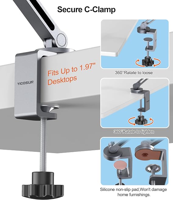 YICOSUN Tablet Stand for Desk - Heavy Duty Aluminum iPad Arm Mount with Super Grip Clamp, 360 Rotating Foldable Holder for 4.7-13 iPad, Kindle, Phone - Reading, Drawing, Video Call - Gray