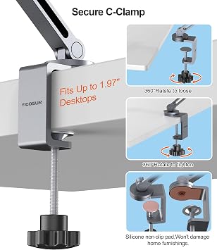 YICOSUN Tablet Stand for Desk - Heavy Duty Aluminum iPad Arm Mount with Super Grip Clamp, 360 Rotating Foldable Holder for 4.7-13 iPad, Kindle, Phone - Reading, Drawing, Video Call - Gray
