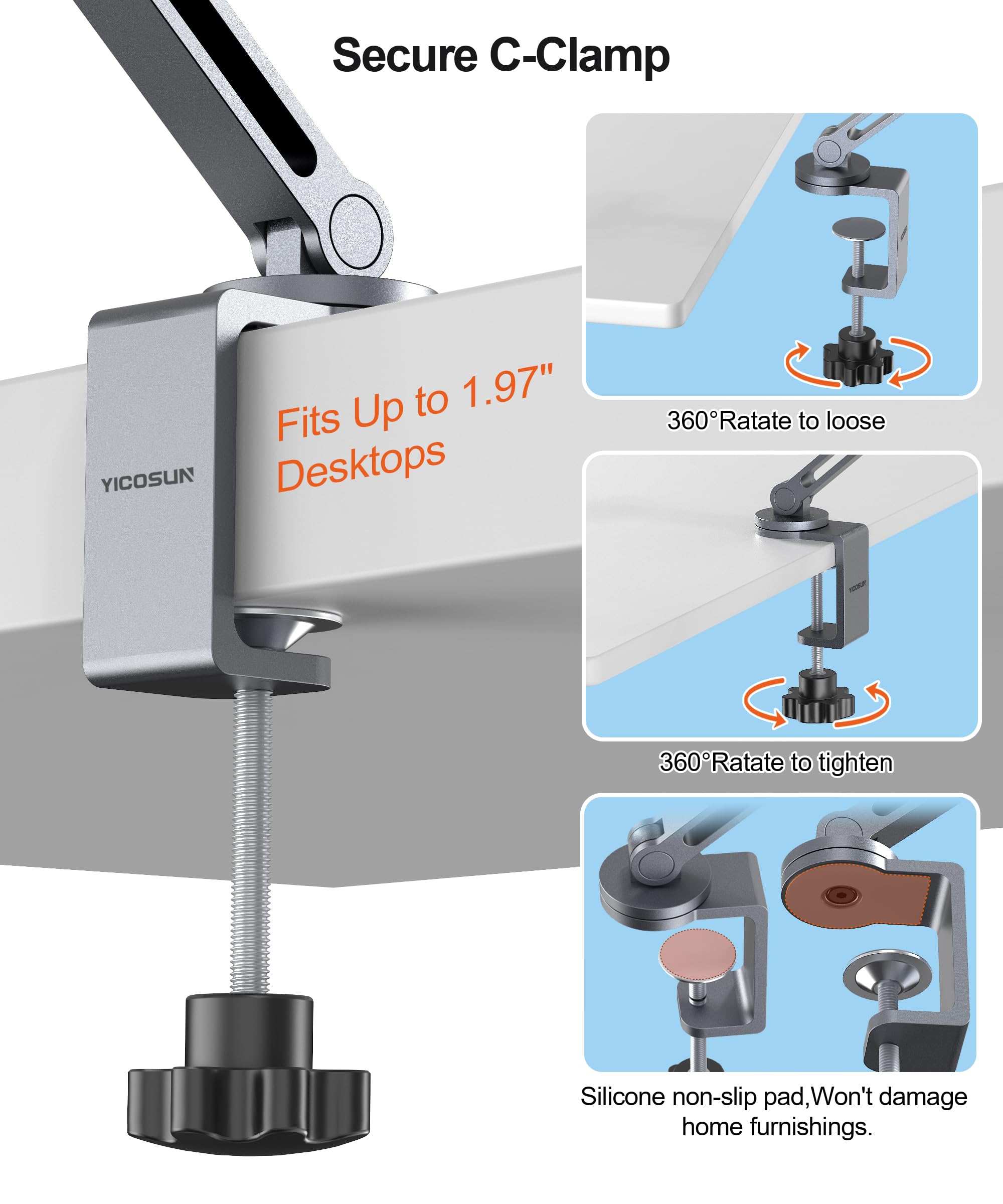 YICOSUN Tablet Arm Mount with Super Grip, Adjustable Foldable Holder & Heavy Duty Aluminum 360° Rotating Clamp for iPad, Phone, Monitor, Kindle - Universal for Desk, Bed, Kitchen - Gray