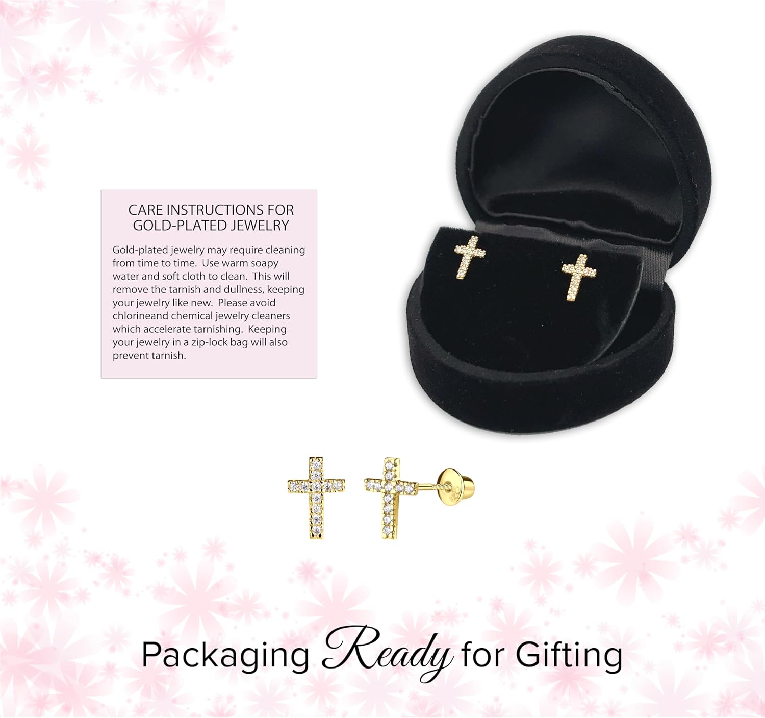 Cherished Moments Children's .925 Sterling Silver or Gold-Plated Cross Earrings with CZs and Safety Screw Backs for Baptism, Christening and First Communion Gifts for Girls - Image 5