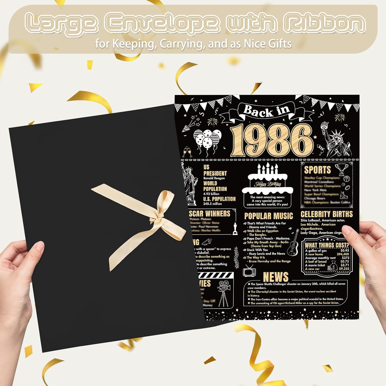 40th Birthday Card With Envelope - Back in 1986 Birthday Giant Guest Book Gifts for Men Women, Black Gold Happy 40 Forty Years Old Bday Greeting Card Party Decorations Supplies - Image 3