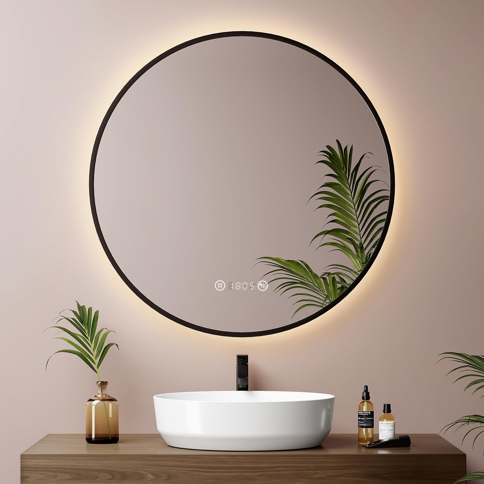 EMKE LED Badspiegel Rund Spiegel mit Beleuchtung ф70cm Badspiegel Schwarzer Rand Badezimmerspiegel mit Touch, Antibeschlage, Uhr, Temperatur, Dimmbar, Memory-Funktion Neutral licht