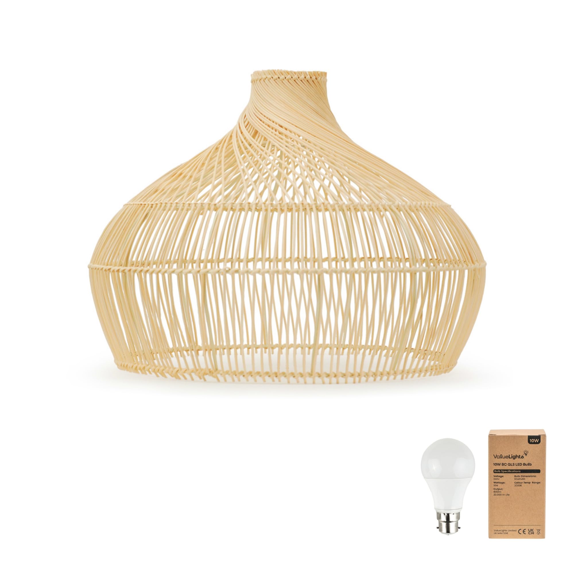 ValueLights | Rattan Natural Twisted Wicker Effect Ceiling Light Shade | Lamp Shades, Home Décor & Improvement Essential | Includes 10W LED Bulb [3000K Warm White] | 45.5cm Shade Width