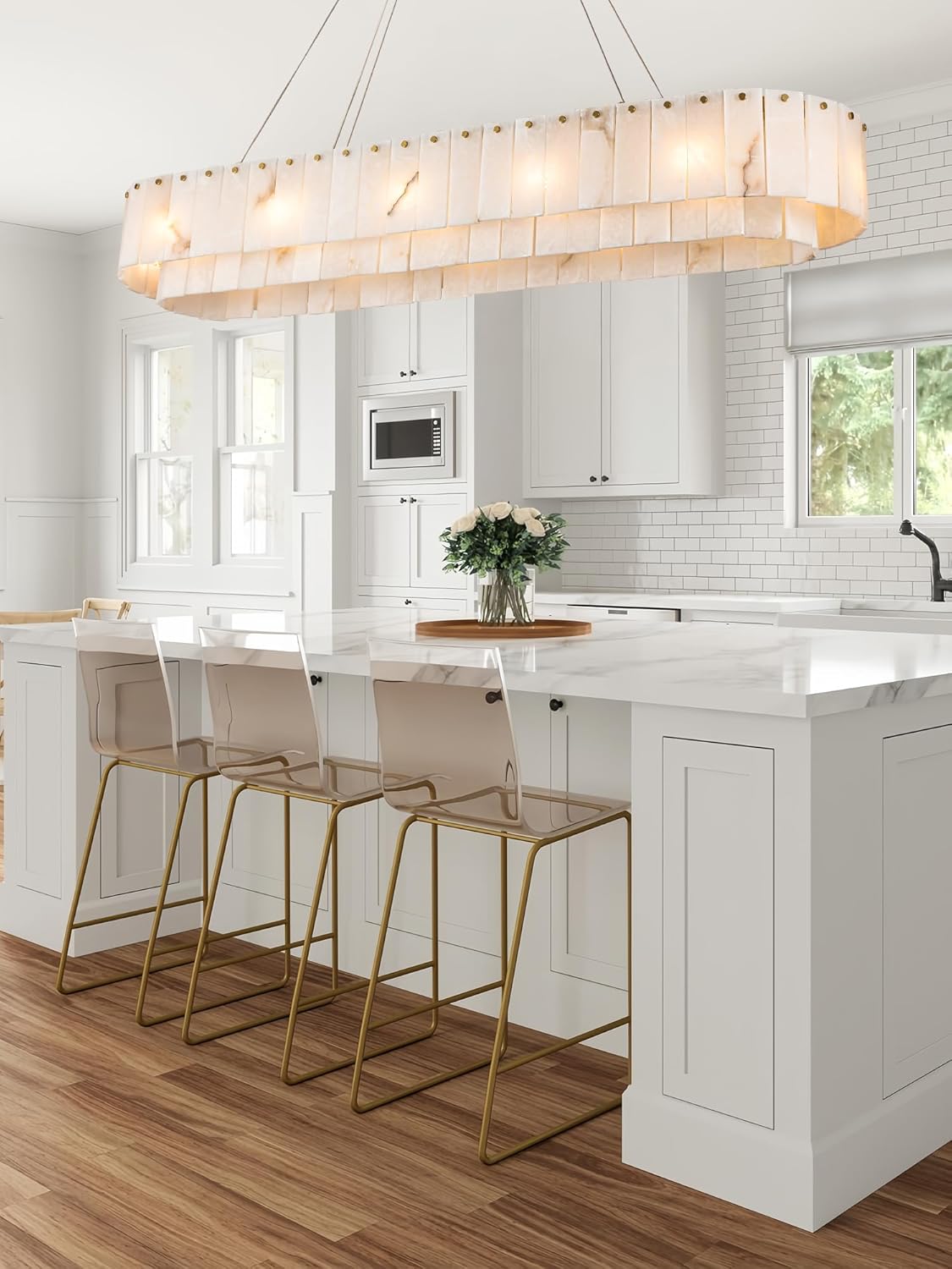 Alabaster Rectangle Chandelier,Modern Dining Room Chandeliers Over Table,Spanish Marble Pendant Light Fixtures with 12-Lights for Kitchen Island,Living Room(Gold-L55 inchs,Height Adjustable,G9)
