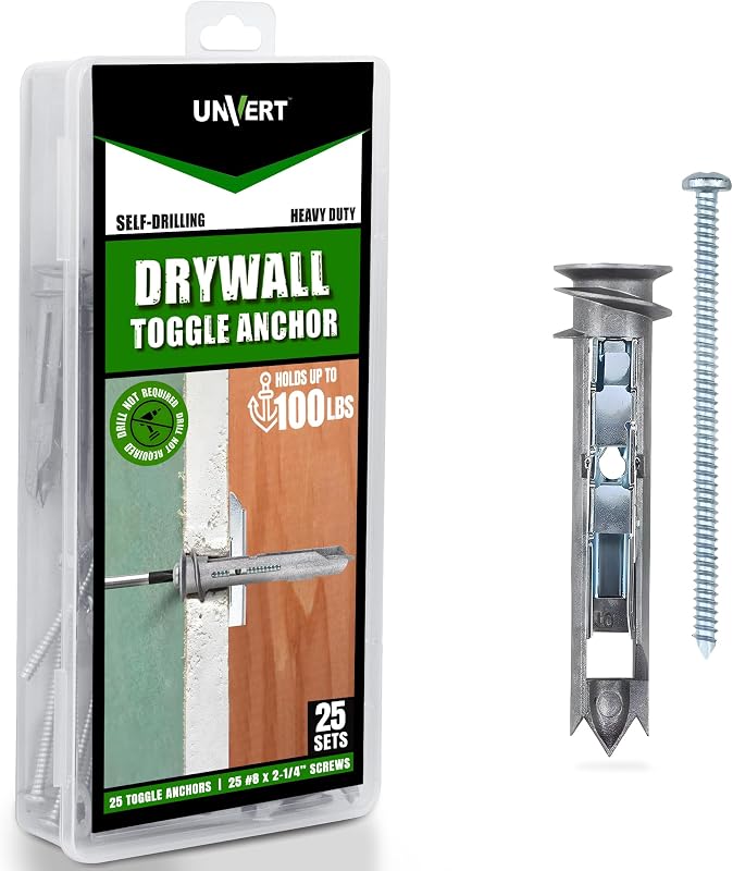 Heavy Duty Drywall Anchors - Self-Drilling Drywall Anchor Toggle Kit, Heavy Duty Wall Anchor with Zinc Phillip Screws #8 x 2-1/4 - Holds Up to 100 Lb. (25 Pack)