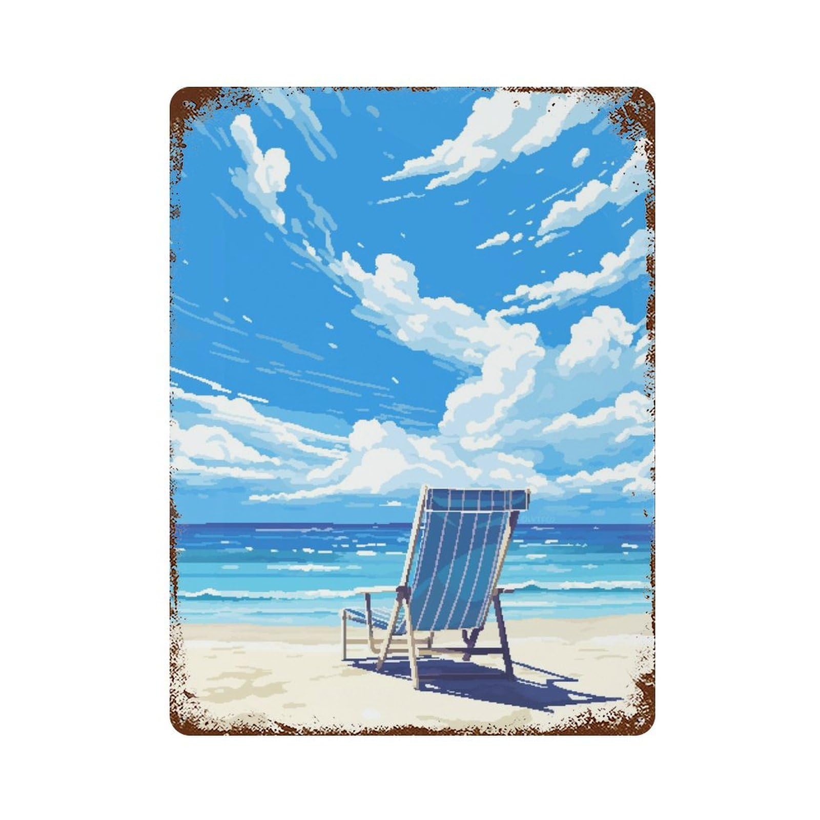Vintage Rust Metal Sign Peaceful Beach Pixel Art 15.7"x11.8", Shabby Chic Decor for Cafe, Home Bar And Lounge Decor