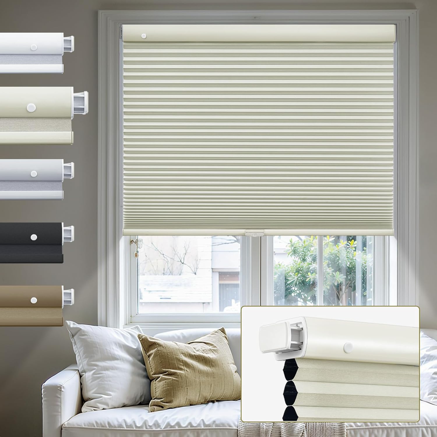 Upgrade No Drill Cordless Color-Matched Cellular Shades Blackout 1.5" Honeycomb Blind No Tools No Screws Cellular Blinds for Windows Thermal Insulated Shades for Home,Office,Beige 23" W×72" H