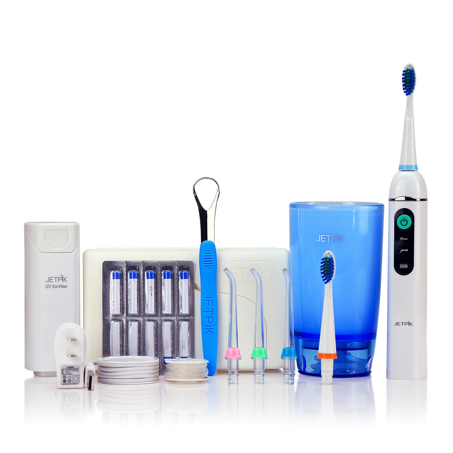 JETPIK Sistema 200 (Ultra) 3 en 1: hilo dental eléctrico con impulso – irrigador bucal y cepillo de dientes sónico en una pieza de mano – para limpiar los espacios interdentales recargable con kit de