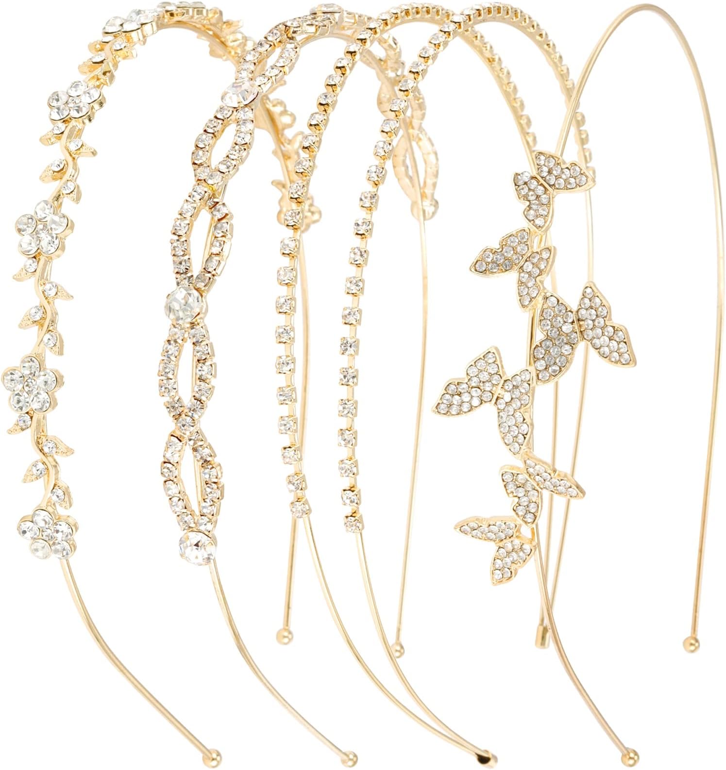 Wecoe 4 Pack Rhinestone Headbands Women Gold Metal Headbands Flower Girl Bridal Wedding Crystal Headpieces Flower Leaf Butterfly Headband Tiara Formal Hair Accessories For Women Girls Halloween Gifts