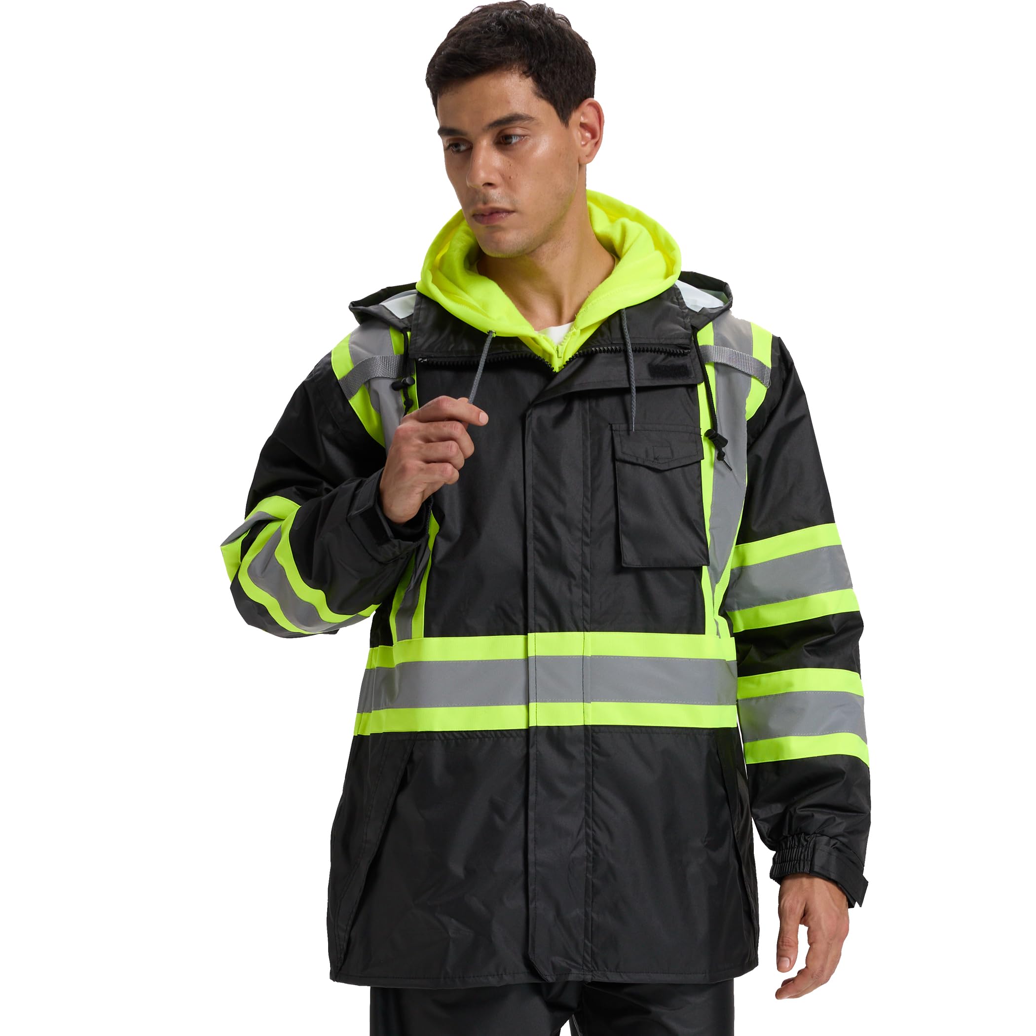 SRsafety Men's High Visibility Class 3 Reflective Rain Jacket | Waterproof Rain Suits With Interior Mesh Removable Hood Heavy Duty Safety Gear For Industrial Construction
